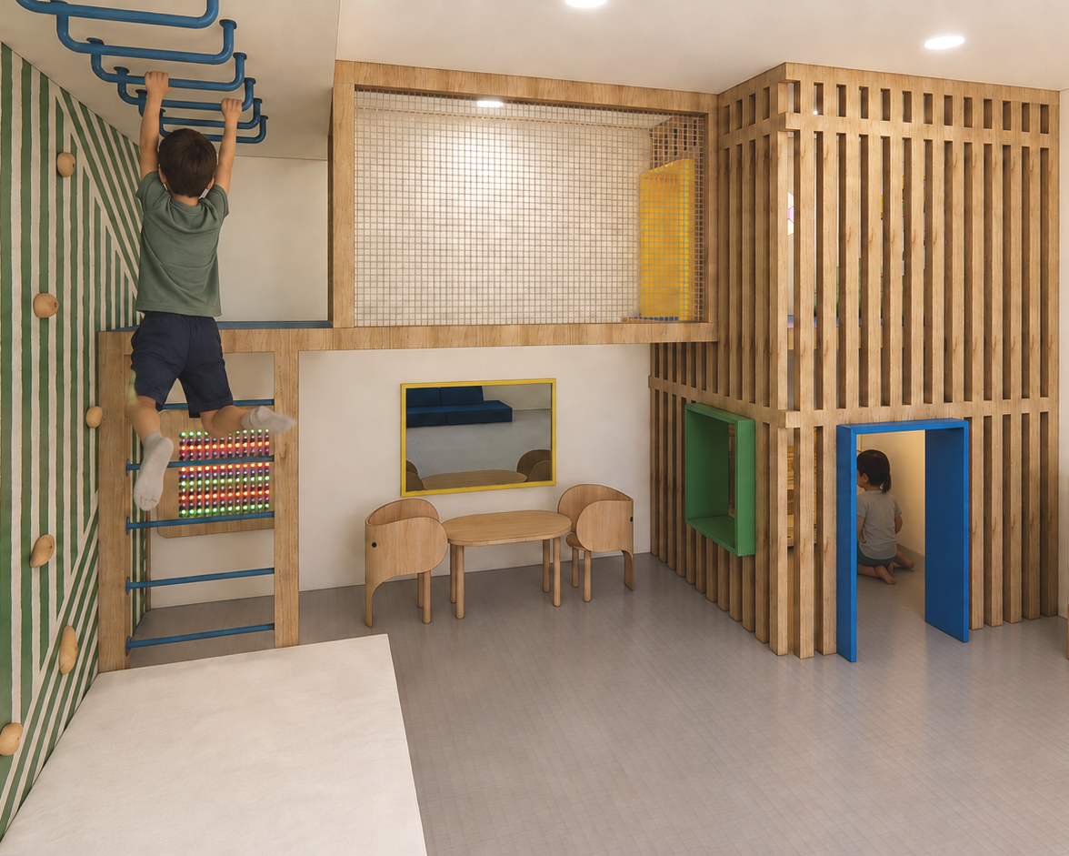 Children playing in an indoor play area with wooden structures, a climbing wall, a netted balcony, and colorful doorways.