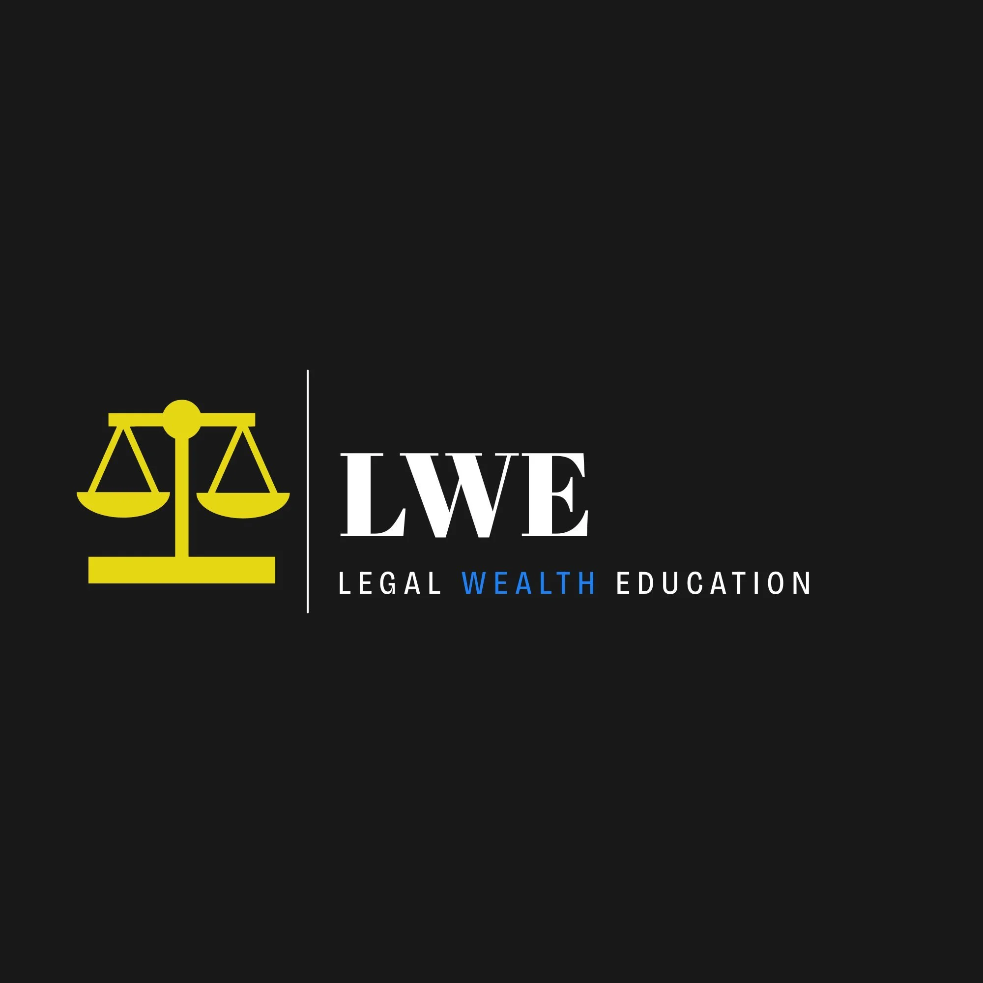 A black background with yellow scales icon and white text 'LWE' and 'LEGAL WEALTH EDUCATION'.