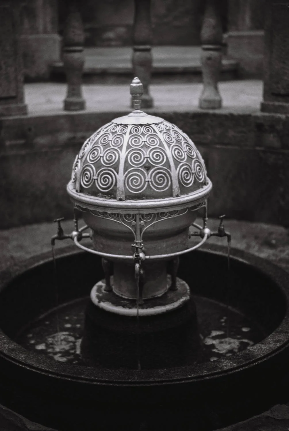 Spa fountain in the fountain temple, Bad Nauheim, Leica Monopan