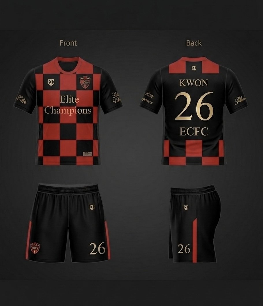 A black and red checkered soccer jersey with matching black shorts. The front of the jersey has the words "Elite Champions," a crest, and the initials "EC." The back displays the name "KWON," the number "26," and the letters "ECFC." The shorts have the number "26" and a crest on the left leg and initials "EC" on the right leg.