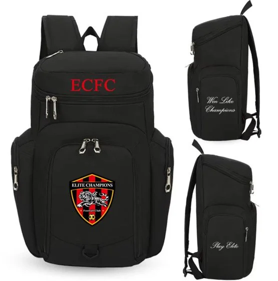 Three black backpacks with silver zippers and sports logos, one large with red text 'ECFC' and a crest with a tiger and the words 'Elite Champions'. The other two smaller backpacks display phrases 'We Like Champions' and 'Play Elite'.