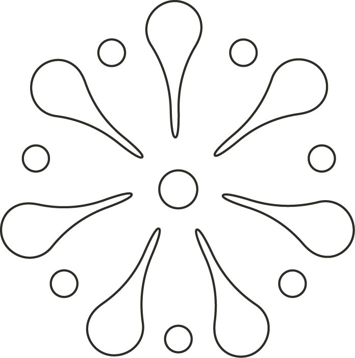 Line drawing of a bird in flight with extended wings and tail feathers, surrounded by several small circles on a black background.