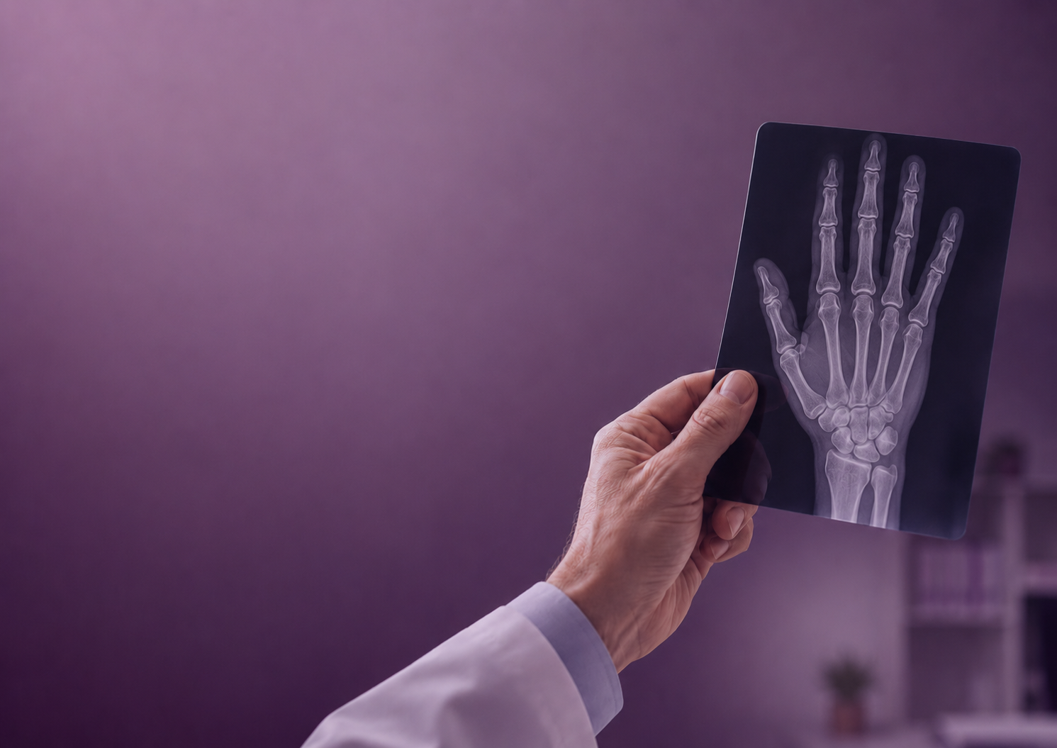 Doctor holding an X-ray of a human hand against a purple background.