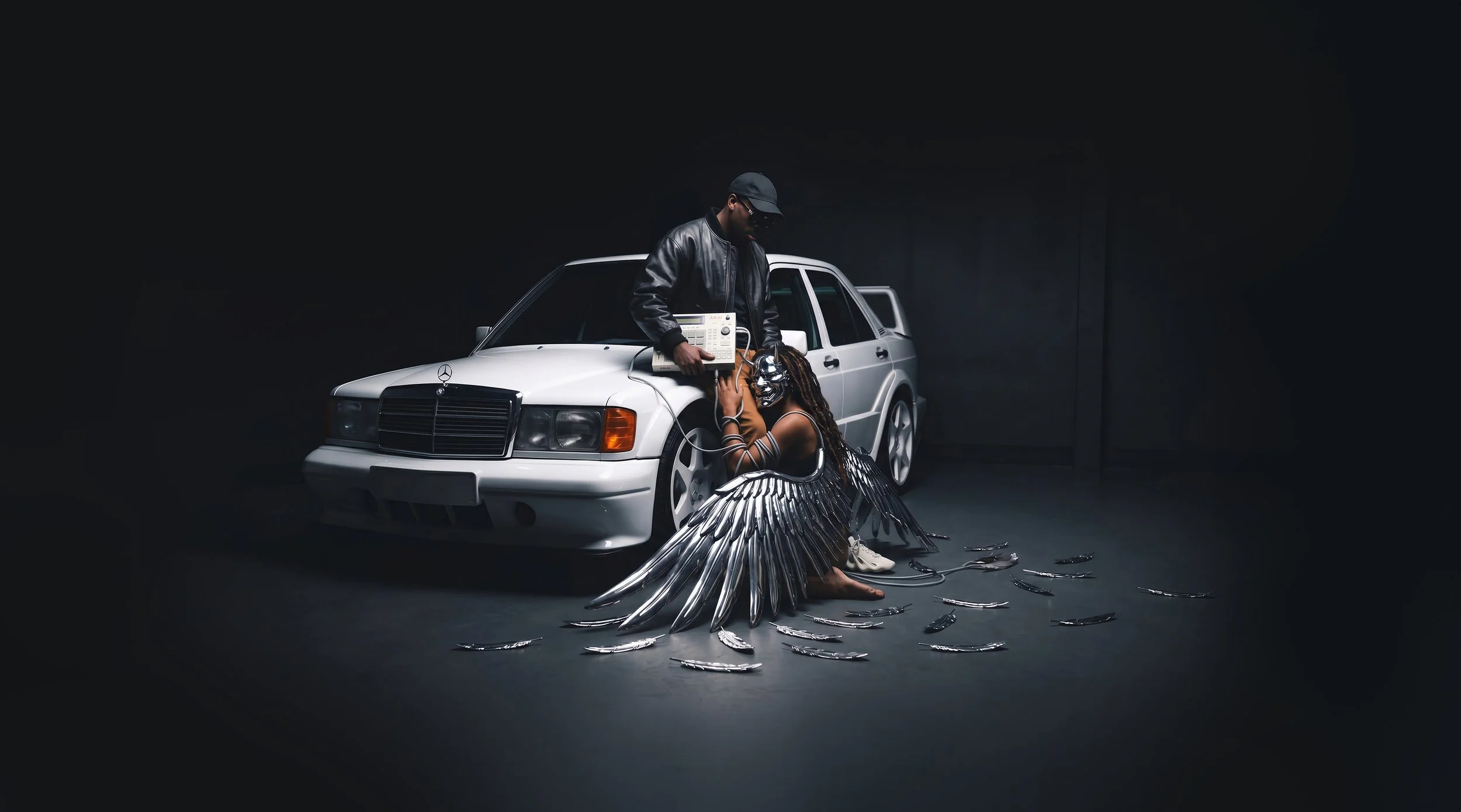 A person dressed in black with wings, sitting on the floor near a white Mercedes-Benz car, surrounded by scattered shiny metallic objects, and another person standing beside the car holding a vintage electronic device in a dimly lit space.
