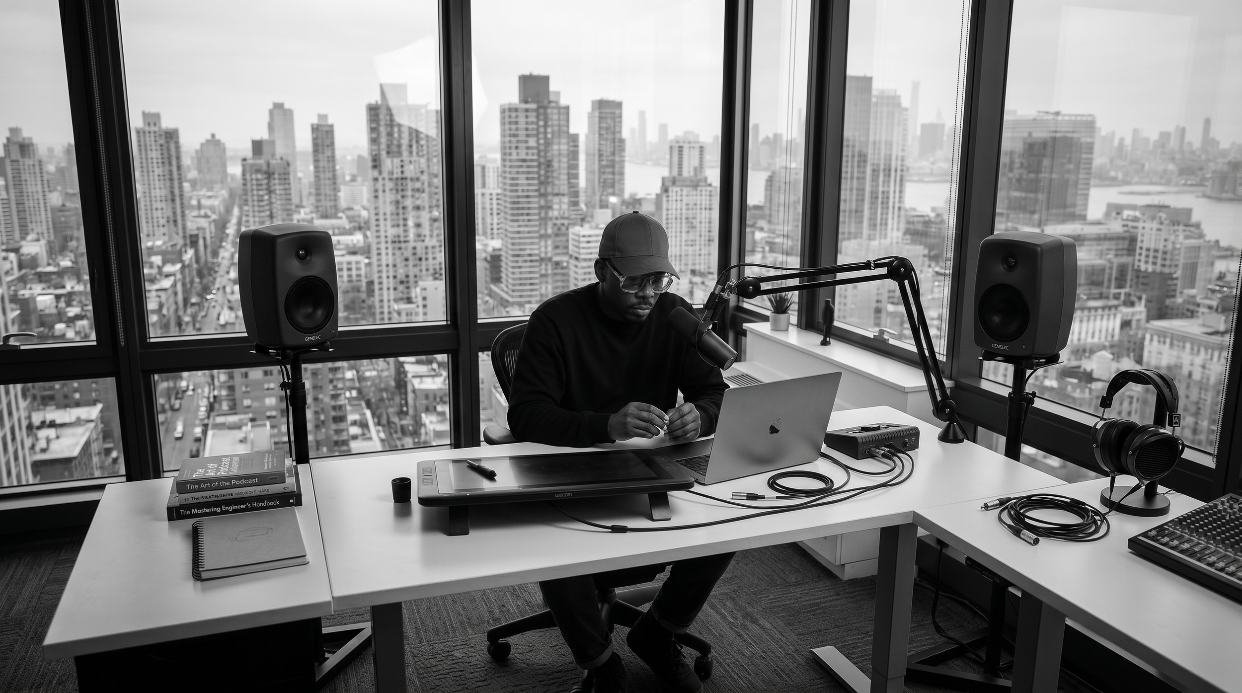 Man sitting at a desk in a modern office with large windows showing a city skyline, working on a laptop with audio equipment and books around him.