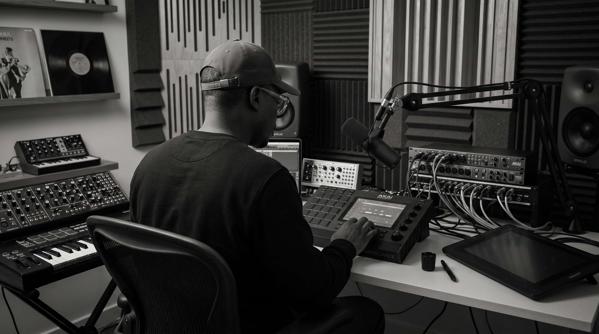 A person wearing glasses and a baseball cap working with music production equipment in a recording studio, including a MIDI keyboard, mixing console, and studio monitors.