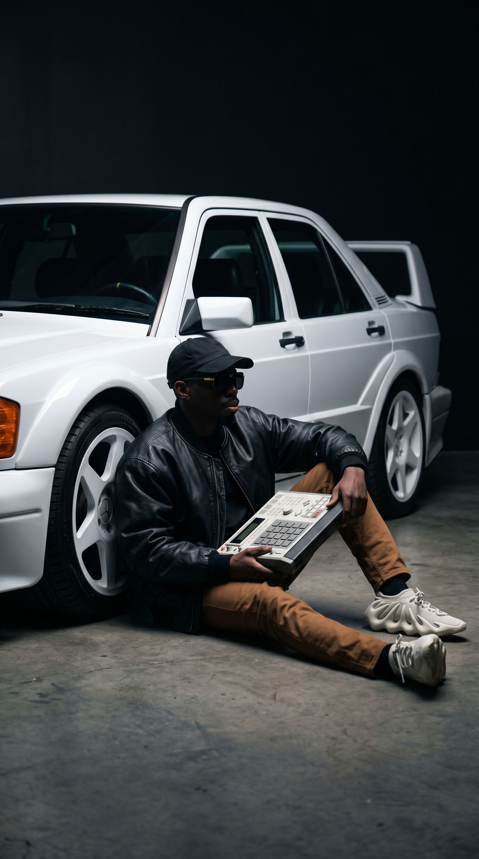A man wearing sunglasses, a black cap, and a leather jacket sitting on the floor leaning against a white vintage car, holding a drum machine. The background is black, highlighting the car and the man.