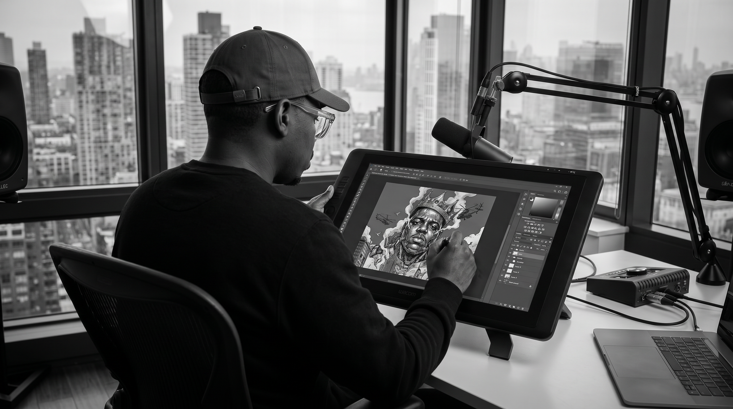 Man working on digital art tablet in an office with city skyline view in the background.