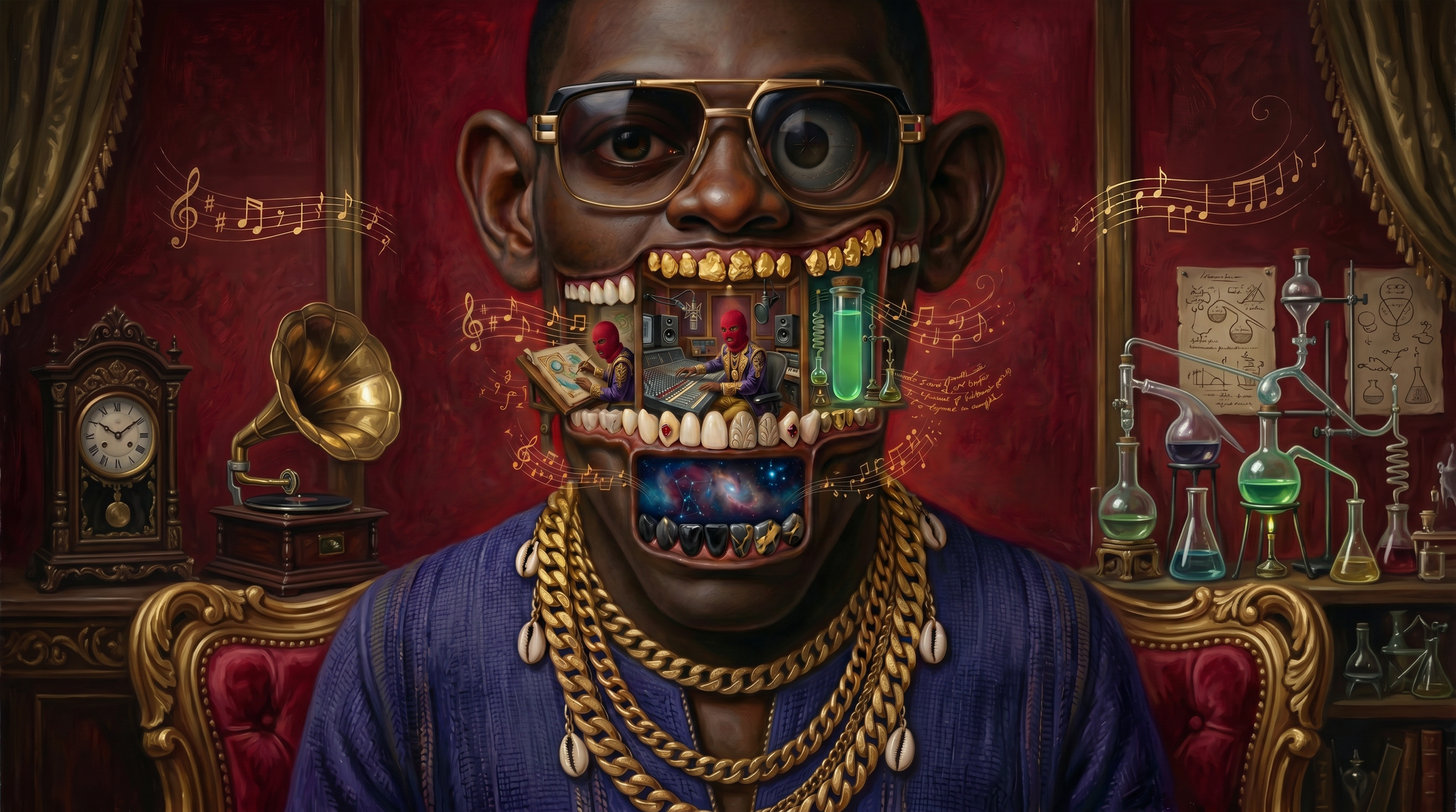 A surreal digital art mural of a man with dark skin, wearing large sunglasses, gold teeth, and multiple gold chains, smiling widely. Inside his open mouth are scenes of musicians and scientific equipment, with musical notes floating around. The background features a red wall with antique clock and laboratory glassware.