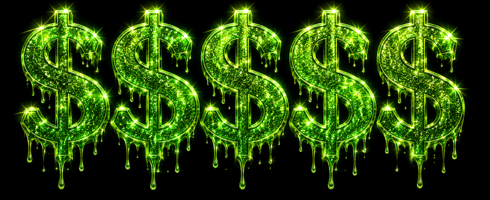 Six sparkling green dollar signs with dripping effects on a black background.