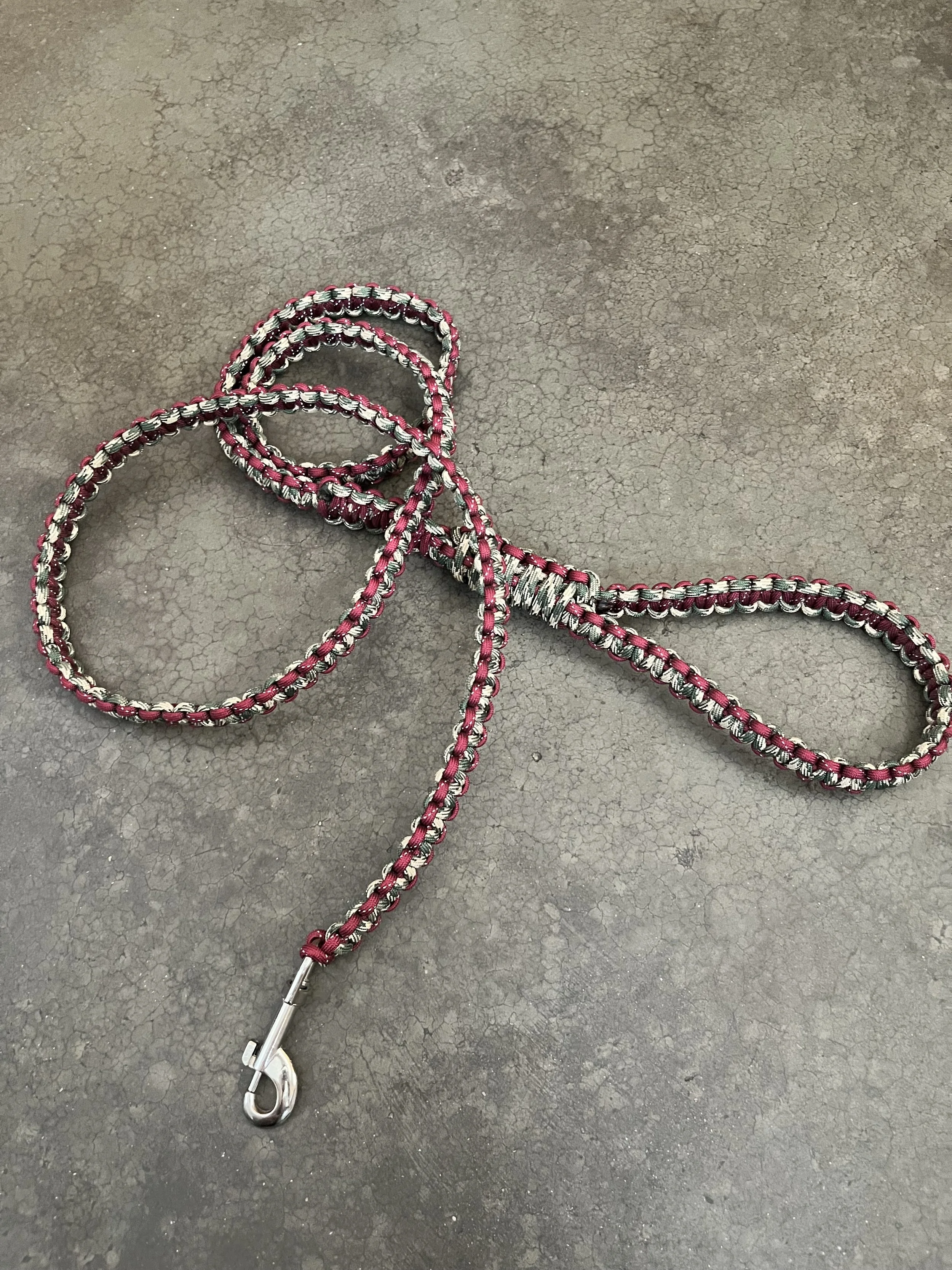A handmade braided paracord dog leash.