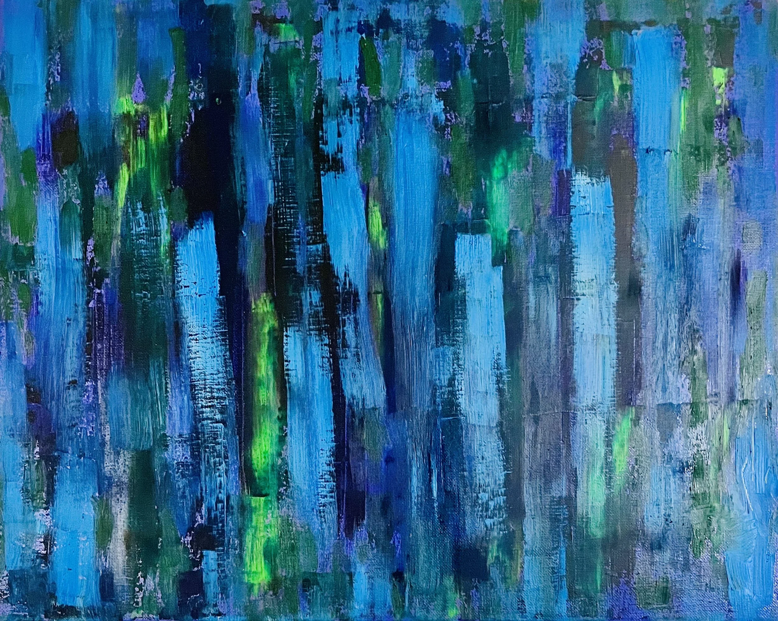 An abstract painting featuring vertical streaks in shades of blue, green, purple, and black with a textured appearance.
