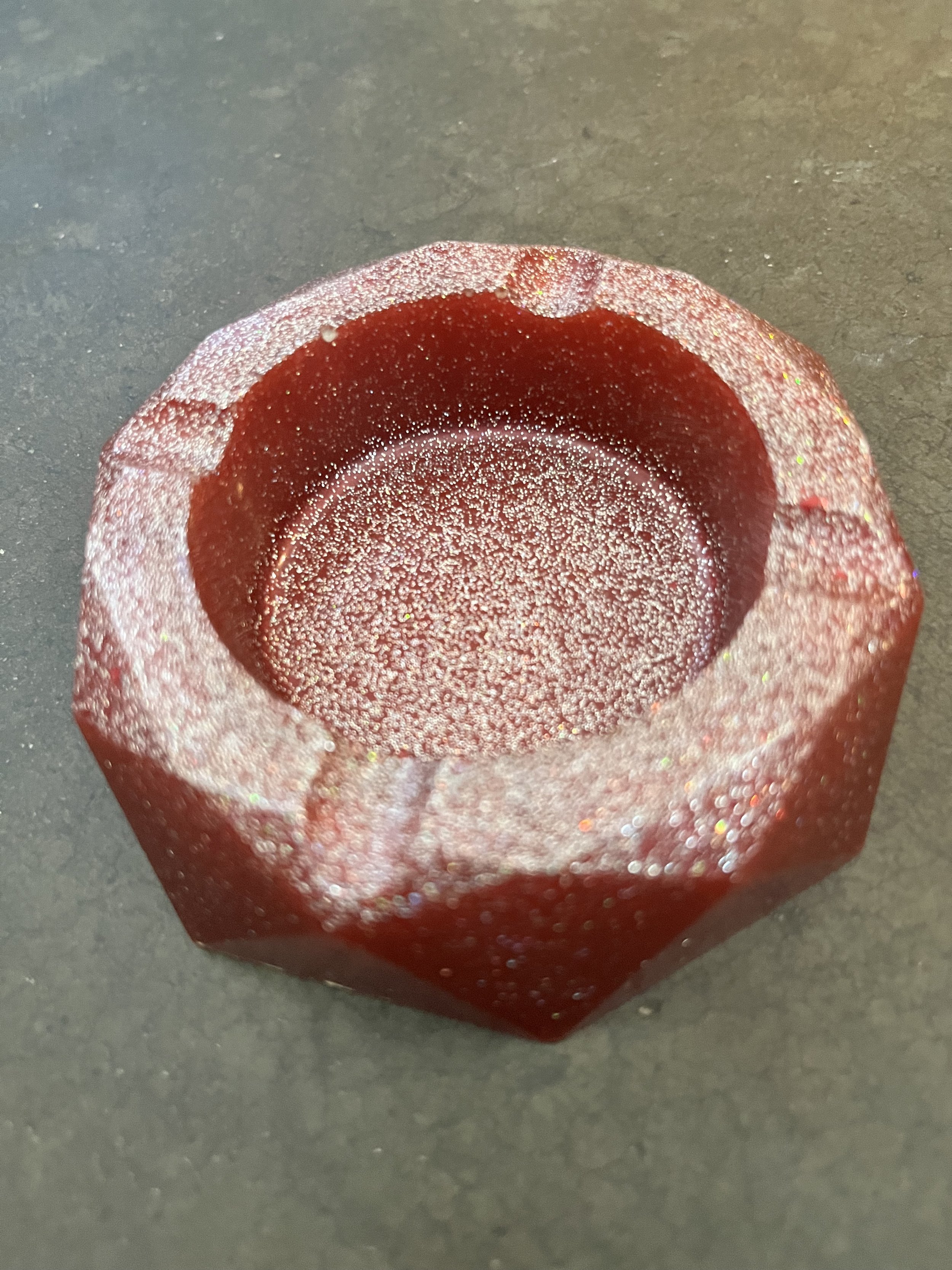 Handmade glittery red resin epoxy ashtray/bowl.