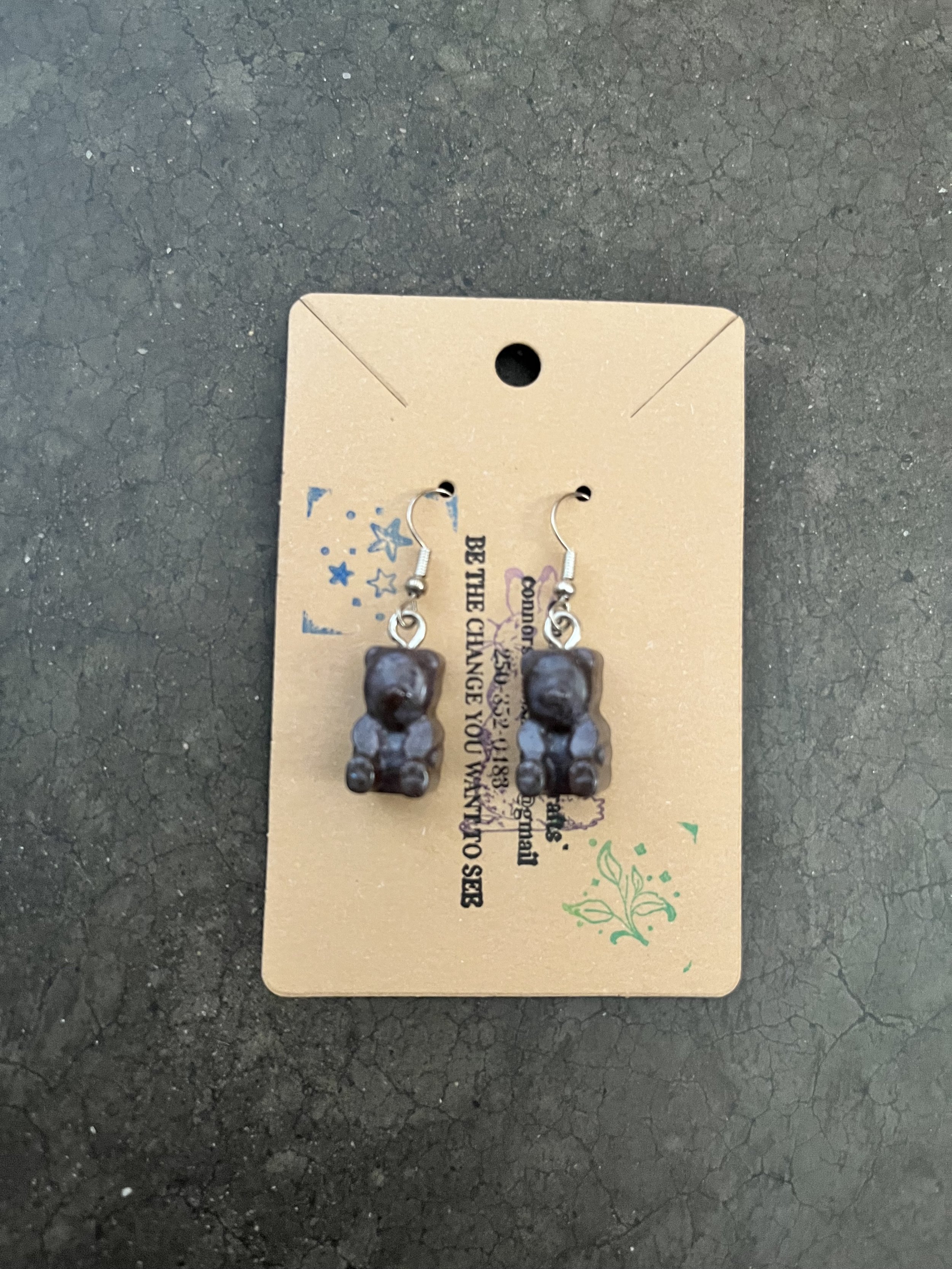 A pair of gummy bear earrings.Handmade by Connor Gilliland.
