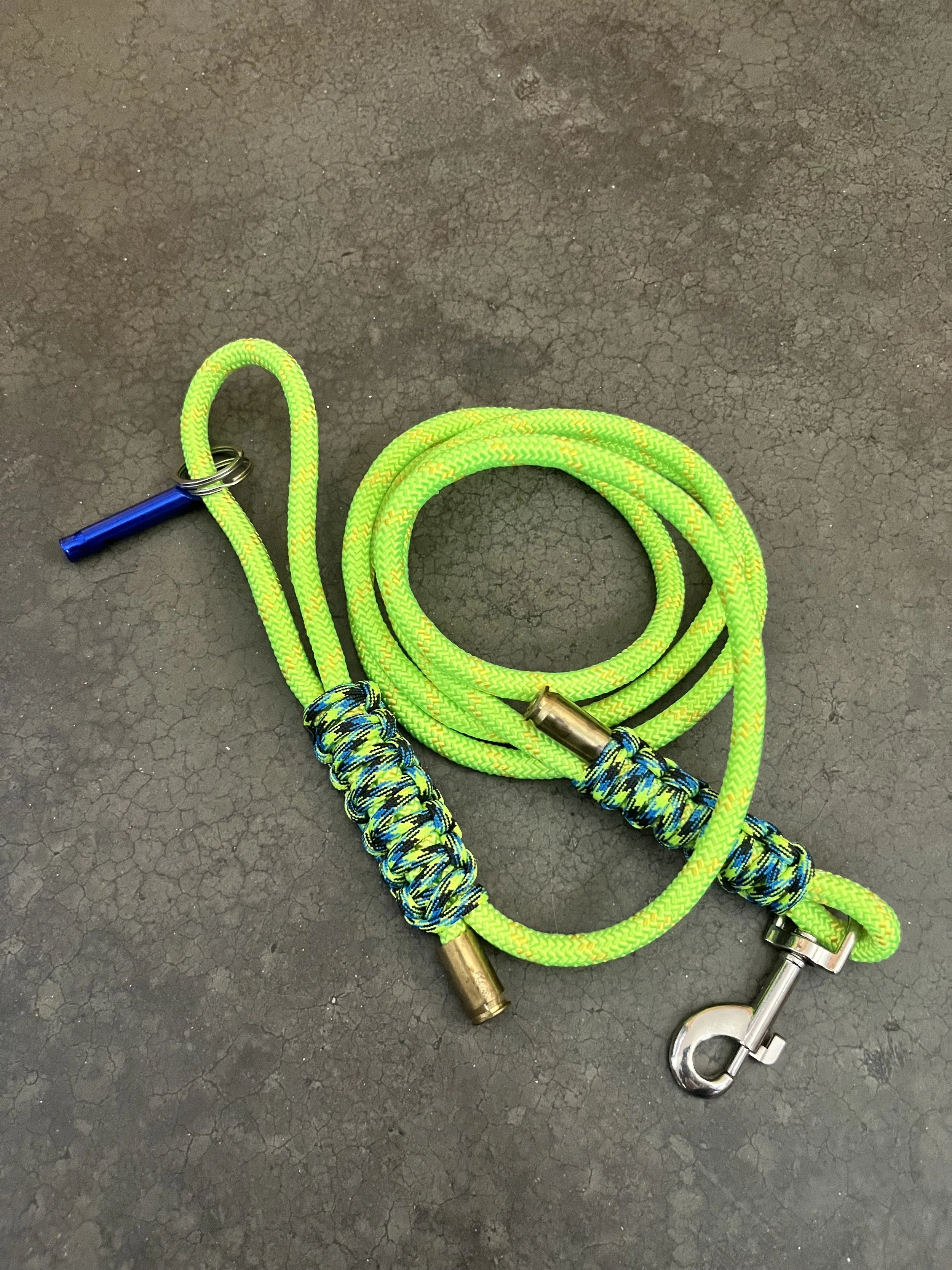 Vibrant yellow and green handmade paracord dog leash.