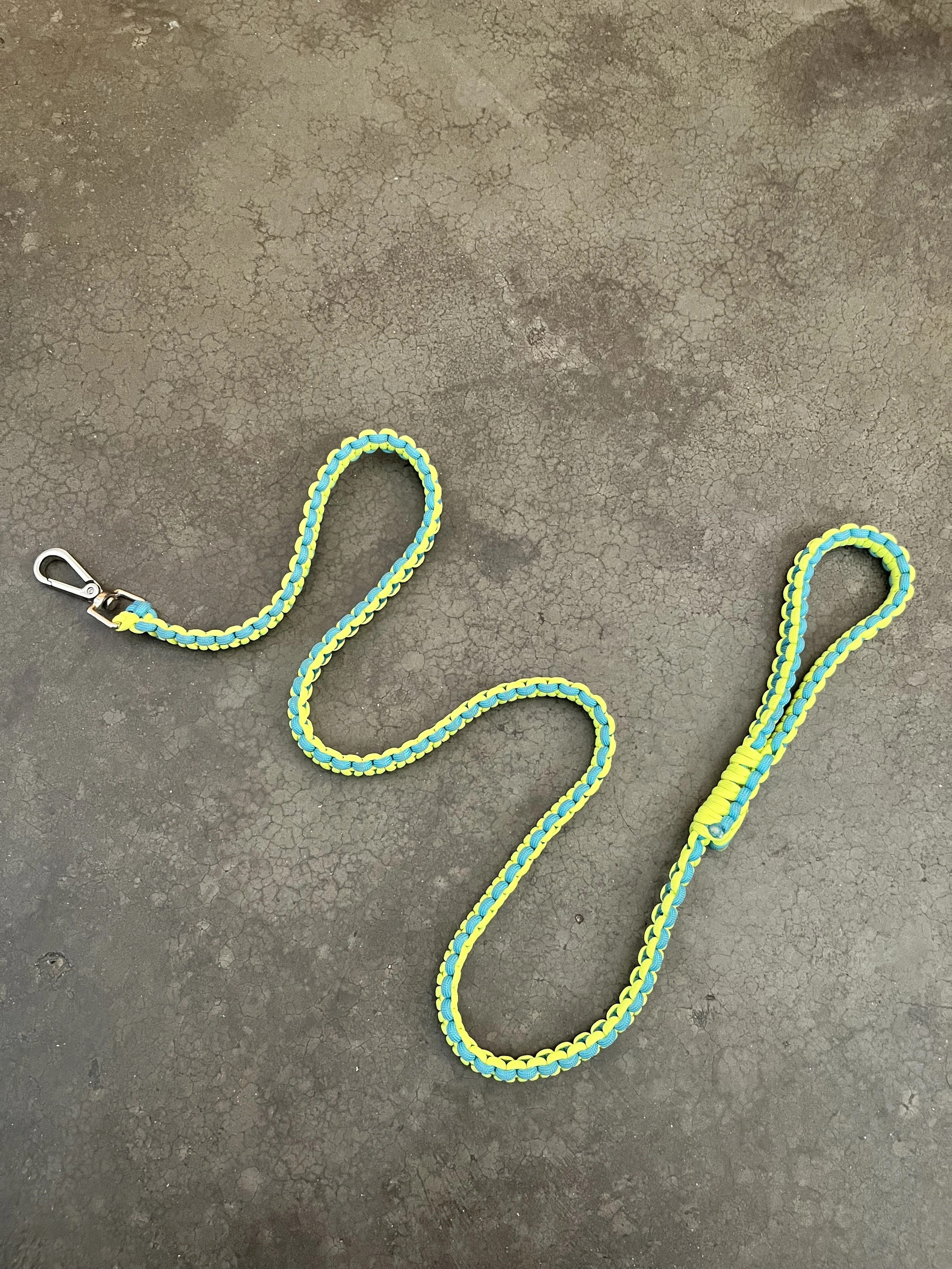 A yellow and blue braided dog leash with a metal clip at the end, lying on a dark, cracked surface.