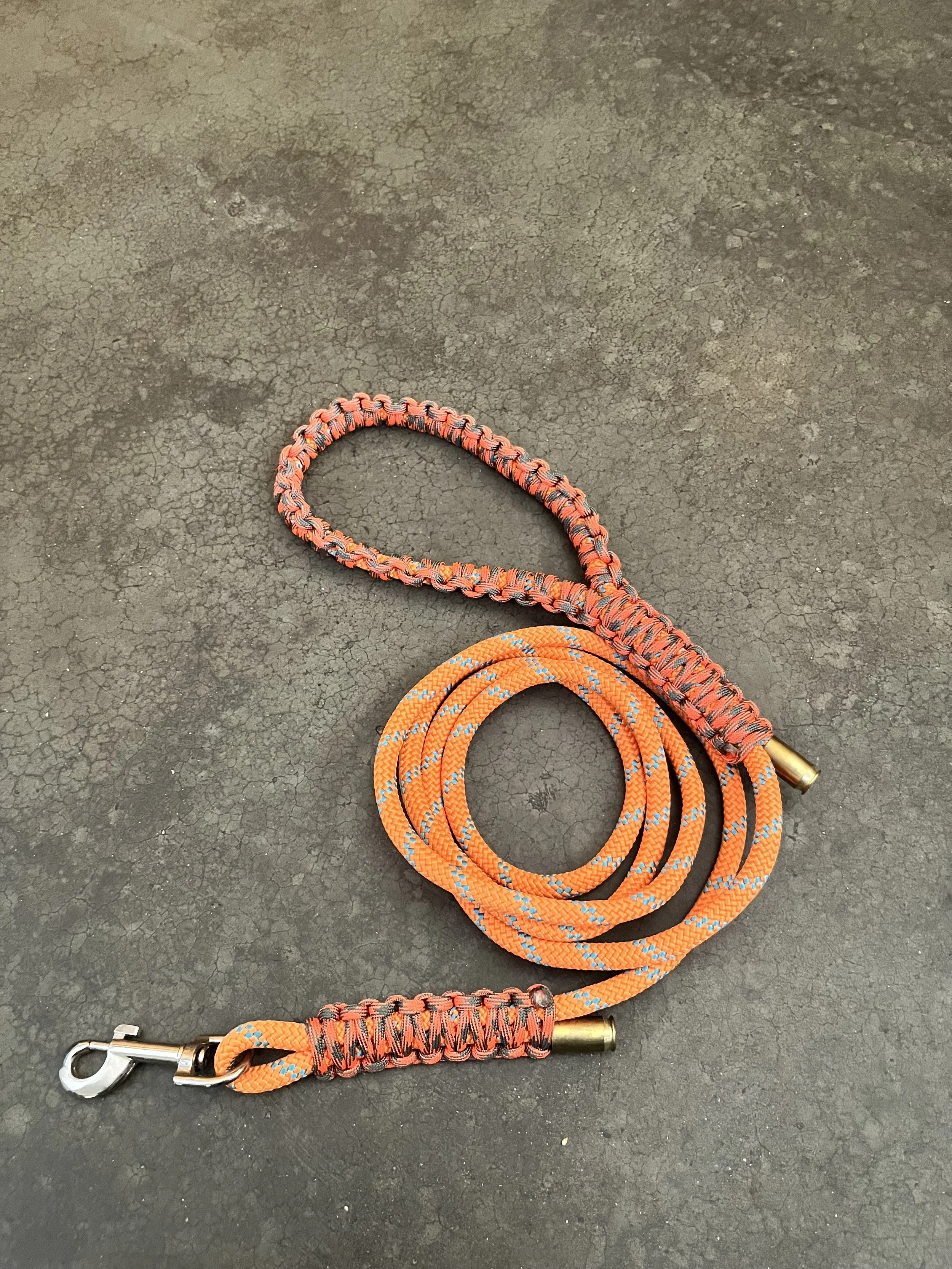 An orange and black dog leash.