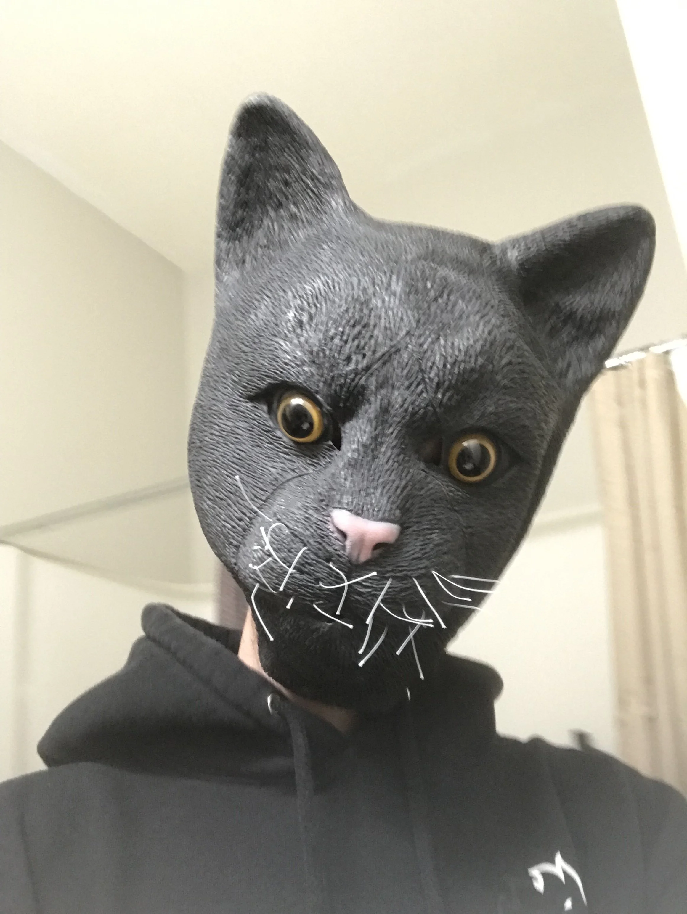 Close-up of a person wearing a black mask that resembles a cat's face, with detailed fur texture, big eyes, and white whiskers, dressed in a black hoodie.