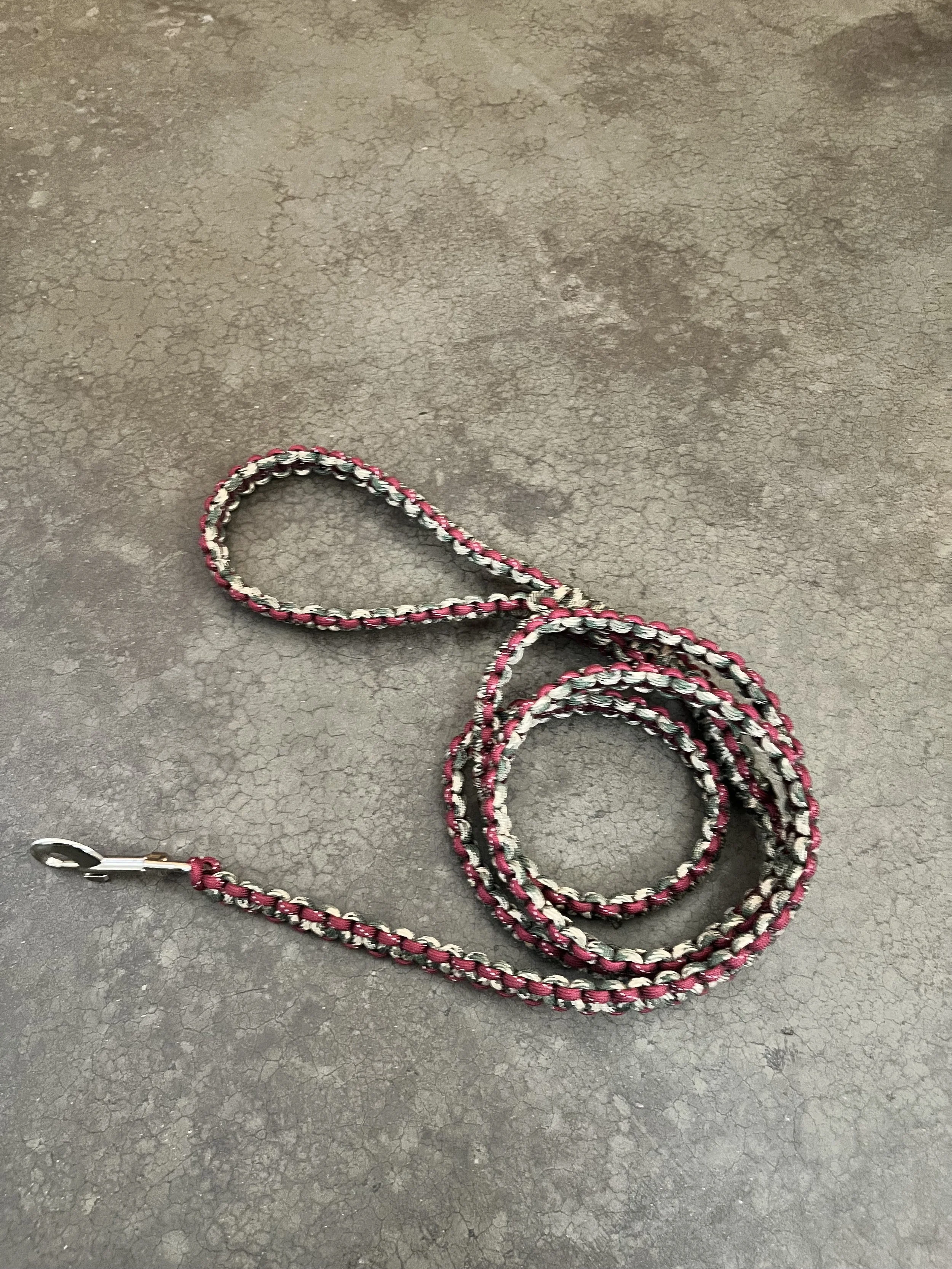 A handmade braided paracord dog leash.