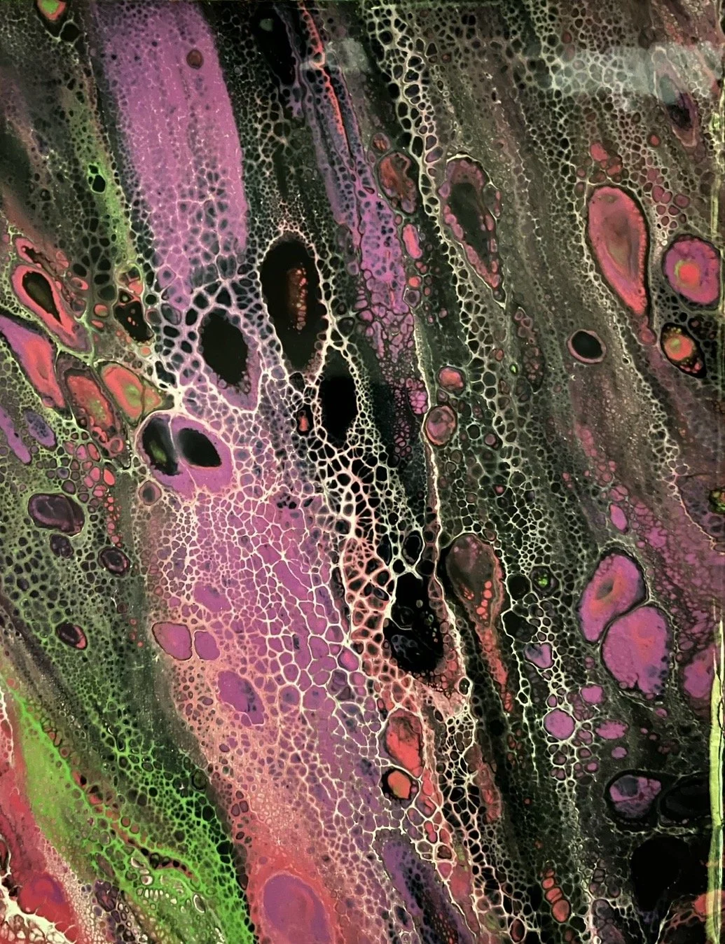 Abstract acrylic pouring painting with swirling patterns in pink, purple, black, green, and gold tones.