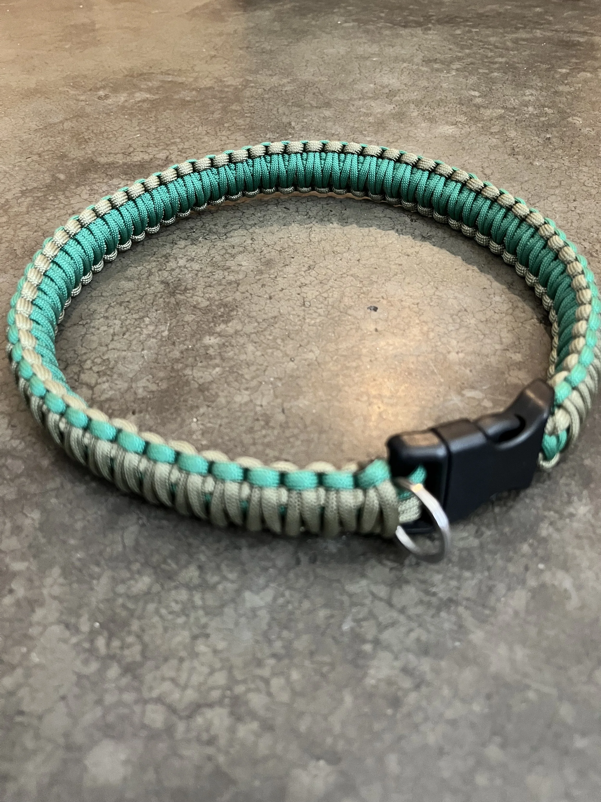A green and beige paracord dog collar with a black plastic buckle on a textured gray surface.