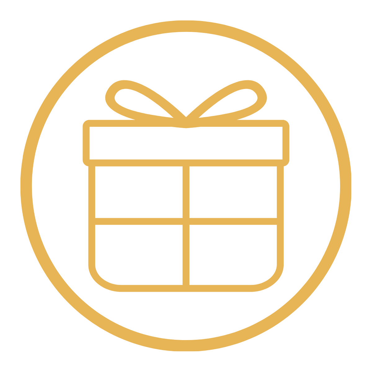 Gold outline of a wrapped gift box with a bow inside a circle on a black background.