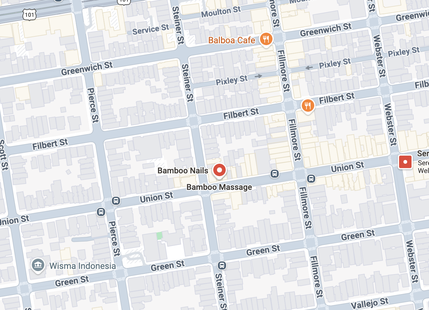 Map showing streets and locations in an area with a restaurant called Bamboo Nails and Bamboo Massage, marked with a red location pin. Other streets include Green Street, Union Street, Filmore Street, and Webster Street, with icons indicating restaurants and transportation stops.