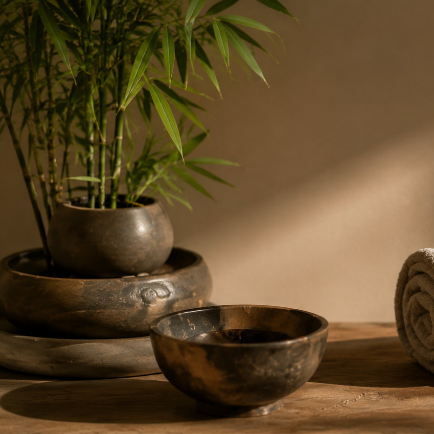 A potted bamboo plant in a ceramic pot, placed on a coin-like ceramic dish, next to a shallow ceramic bowl with a dark glazed interior, and a rolled beige towel on a wooden surface.