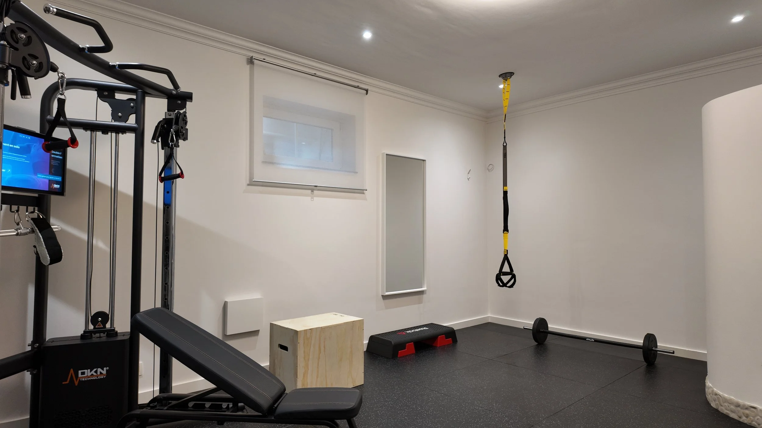 Salle d'entraînement avec équipement de fitness, un TRX suspendu au plafond, un banc, un miroir, une boîte en bois, et un tapis de sol.