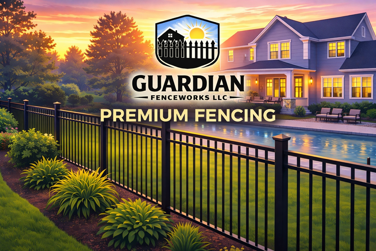 A backyard with a black metal fence, lush green plants, and a swimming pool. There is a large house with lit windows and patio furniture in the background under a sunset sky. The image features the logo and text for Guardian Fenceworks LLC, Premium Fencing.