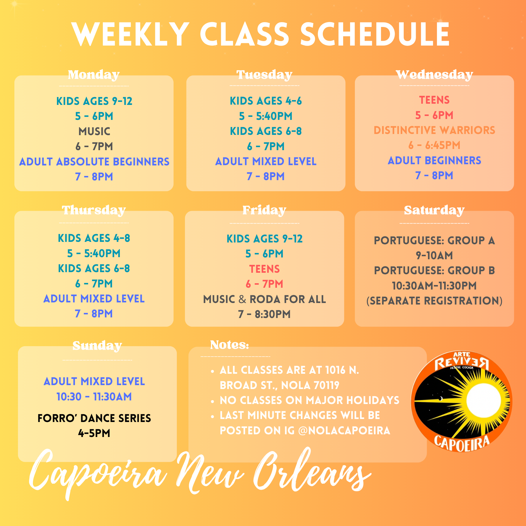 Weekly class schedule poster with classes for different age groups and levels, held at a community center in New Orleans, featuring classes in music, dance, and capoeira, with specific times and age ranges for each class.