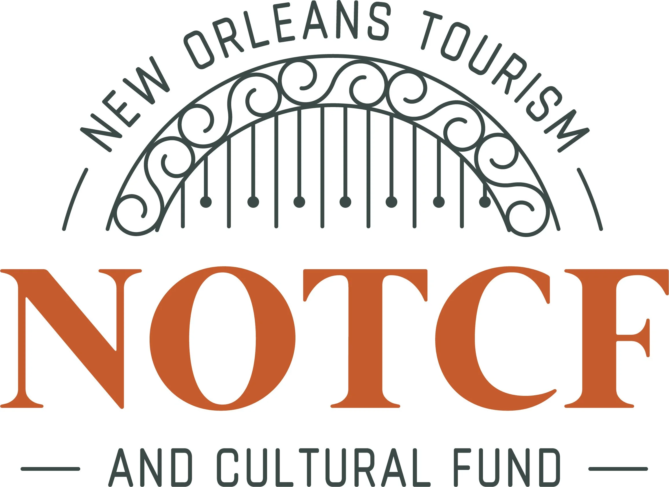 Logo with decorative ironwork arch and the text "New Orleans Tourism and Cultural Fund".