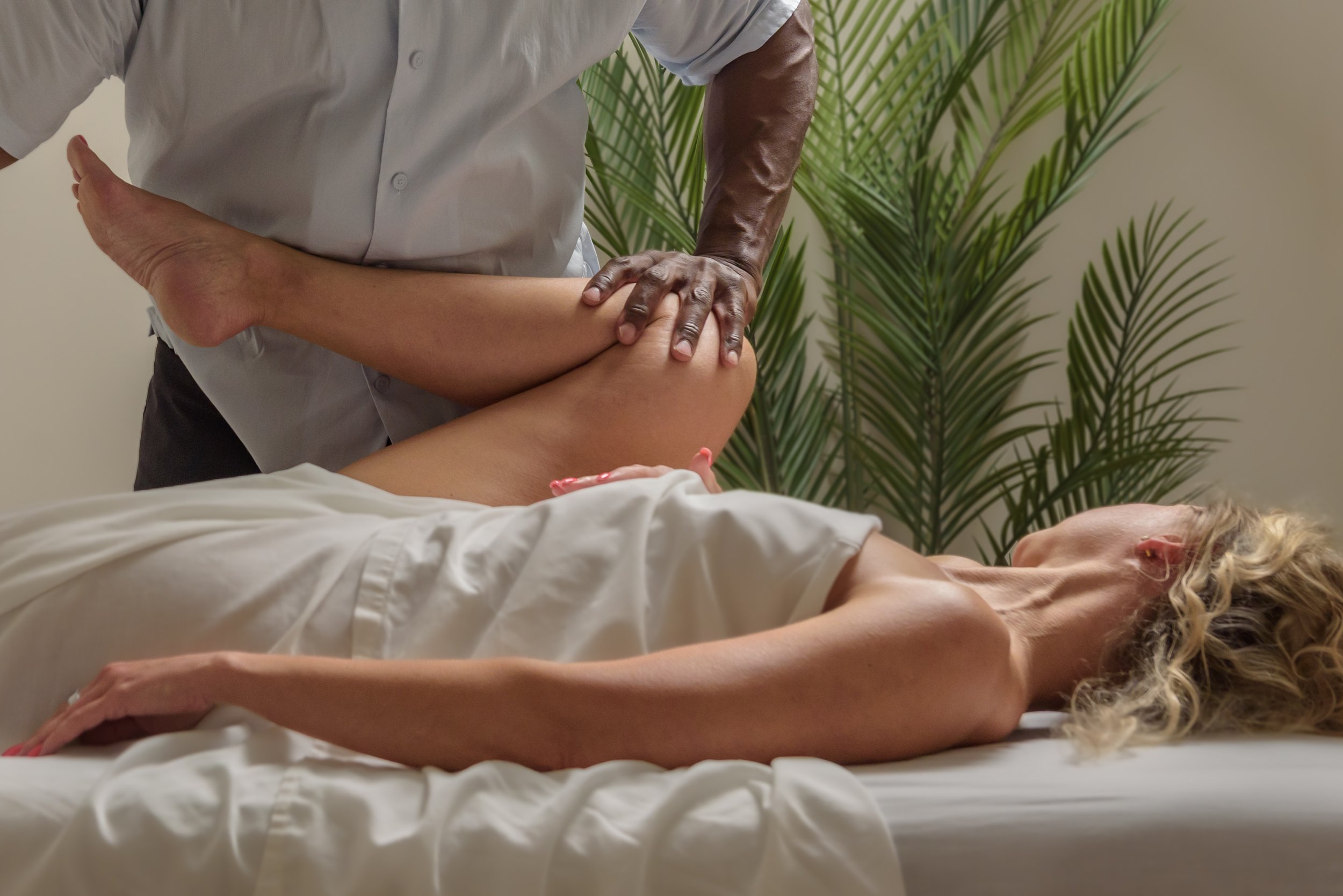A person lying on an examination table receiving physical therapy or chiropractic treatment, with another person applying pressure to their arm, and a large plant in the background.