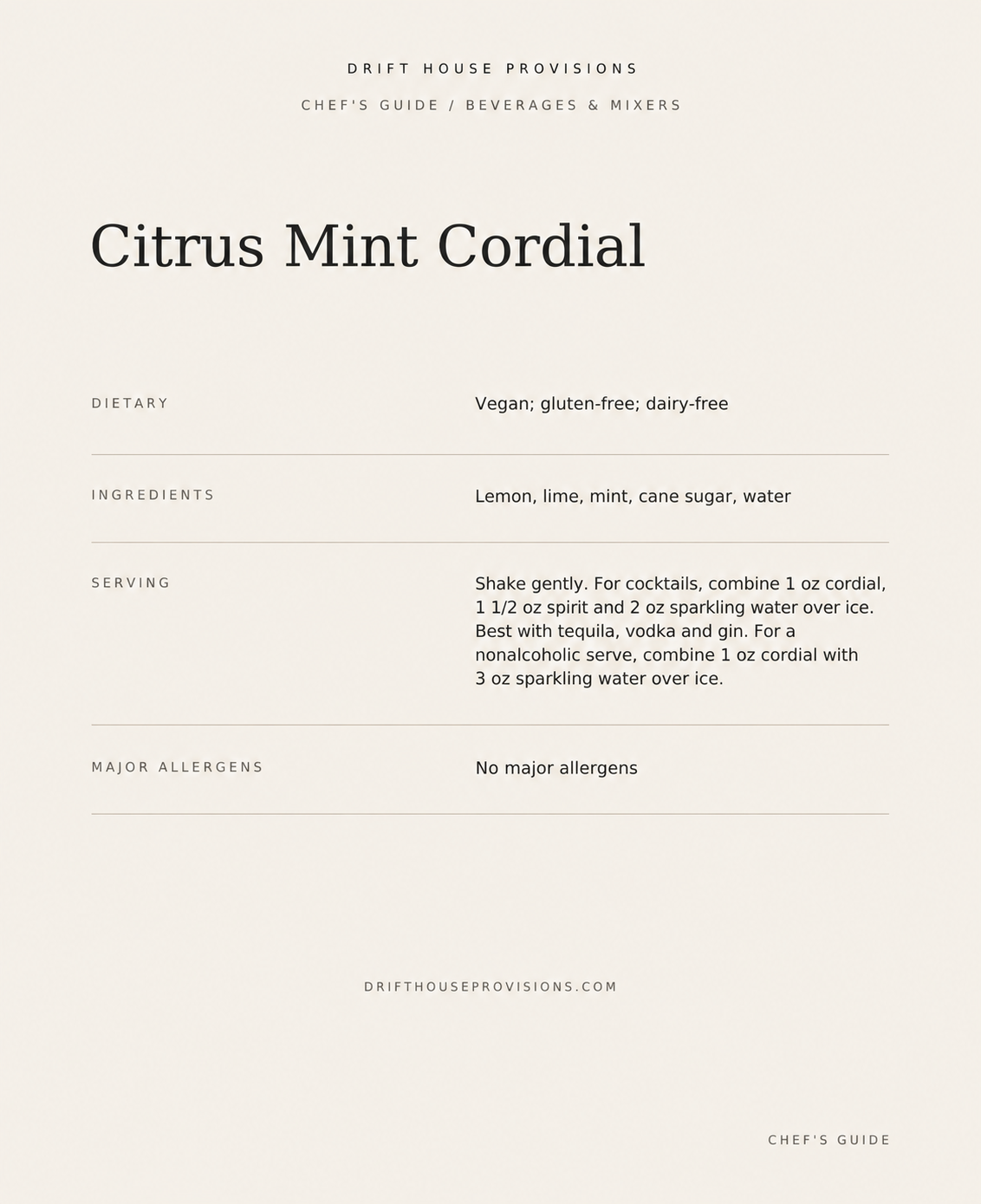 Recipe card for Citrus Mint Cordial from Drift House Provisions, including ingredients, serving instructions, dietary info, and allergens.