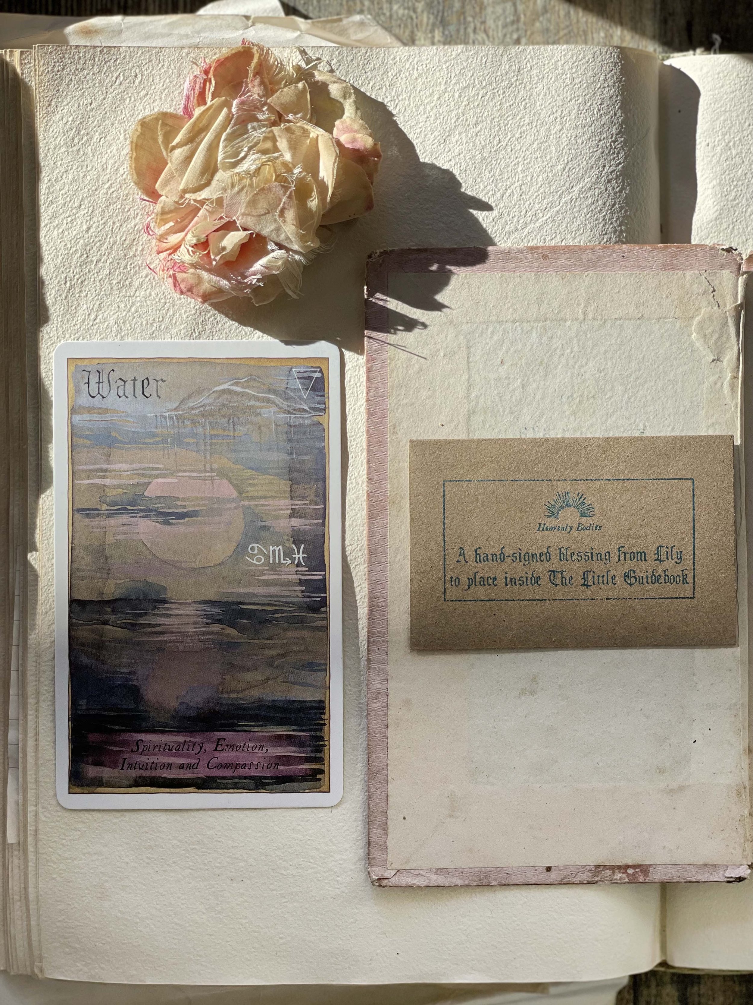 Open journal with a dried pink flower and a card titled 'Water' from Lily Ashwell's Heavenly Bodies, showing a sunset over water with the words 'Spirituality, Emotion, Intuition and Compassion,' and a handwritten note indicating a blessing from Lily.