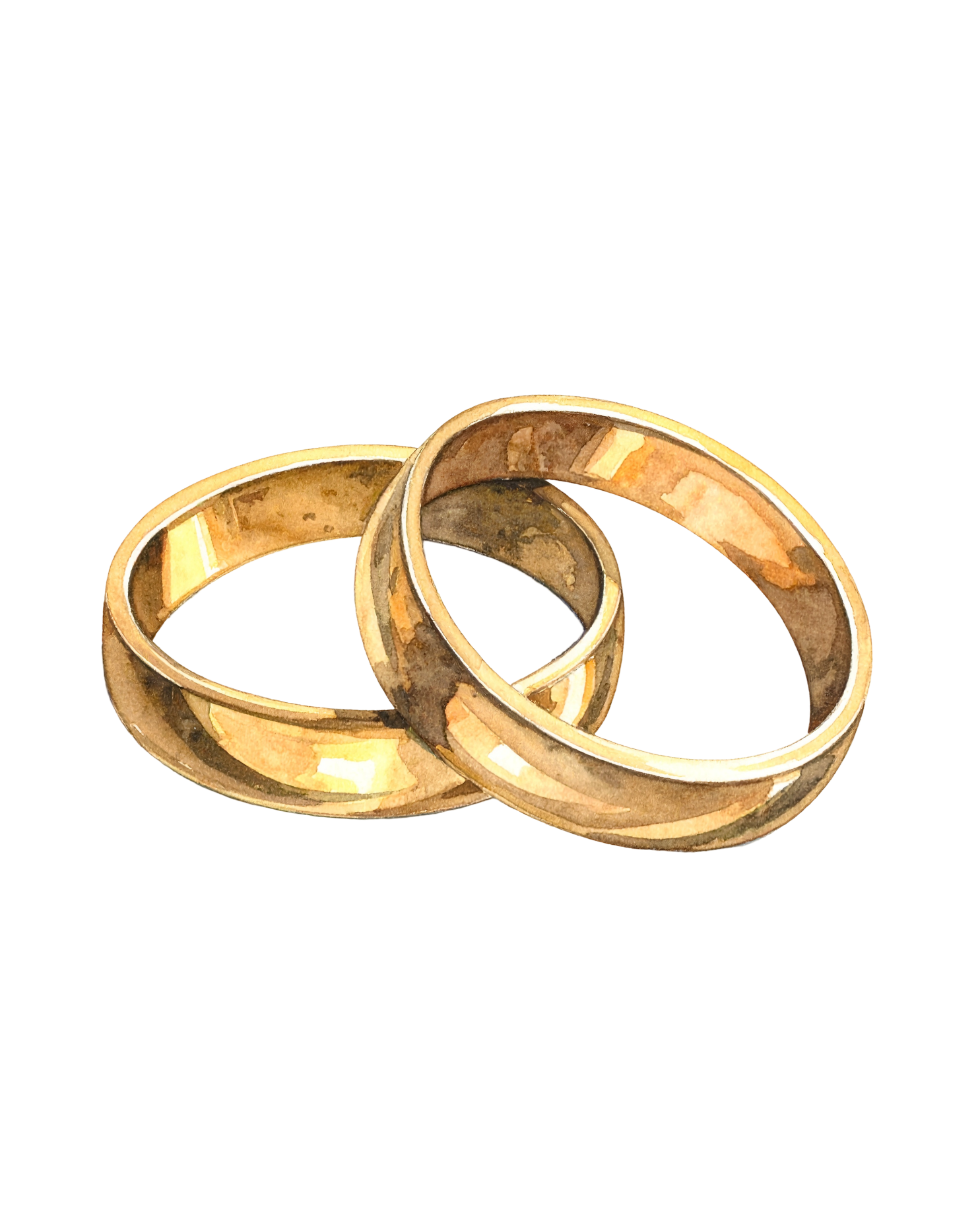 Two intertwined gold wedding rings with a polished finish against a black background.