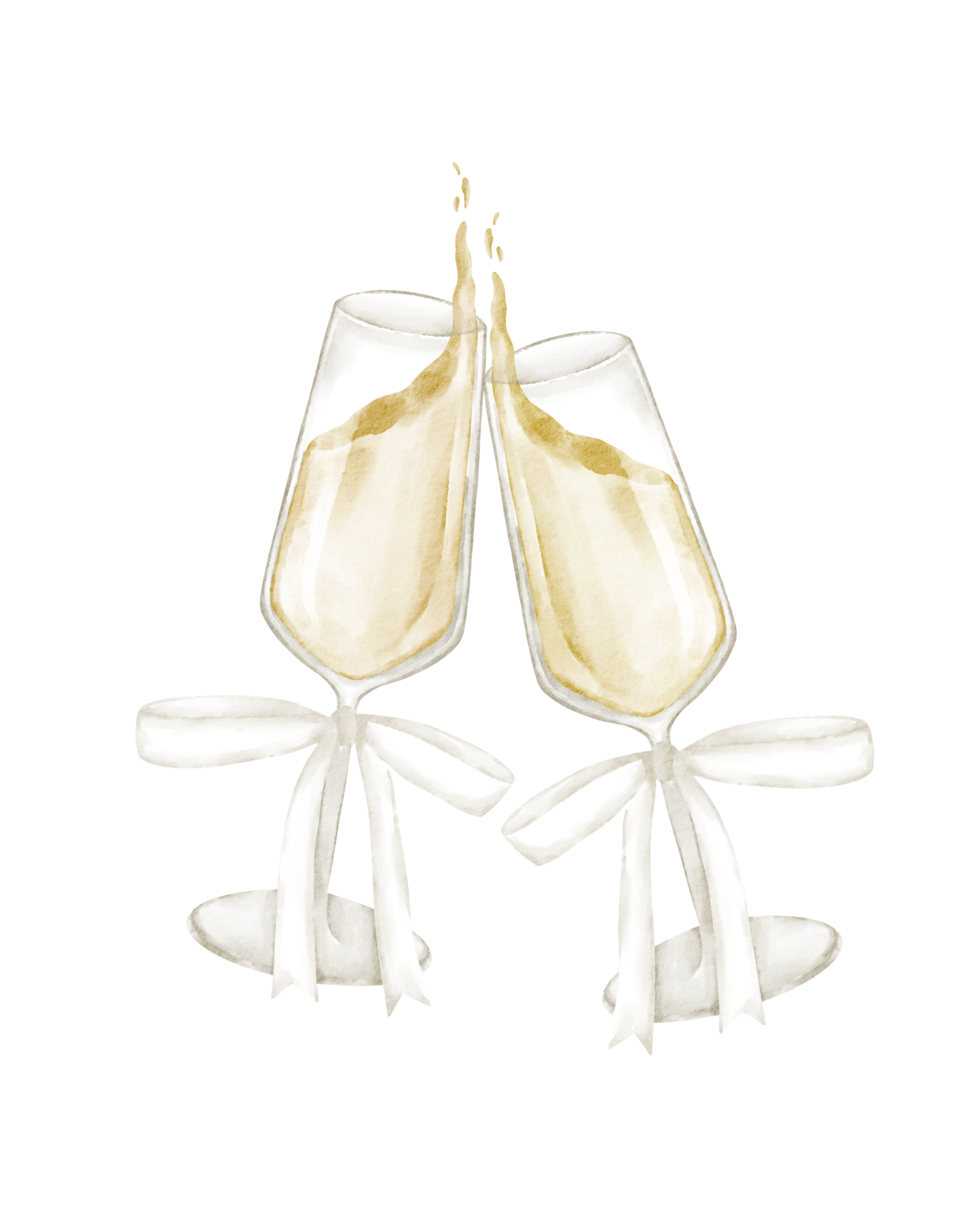 Two champagne glasses clinking with splashes of champagne in midair over a white background.