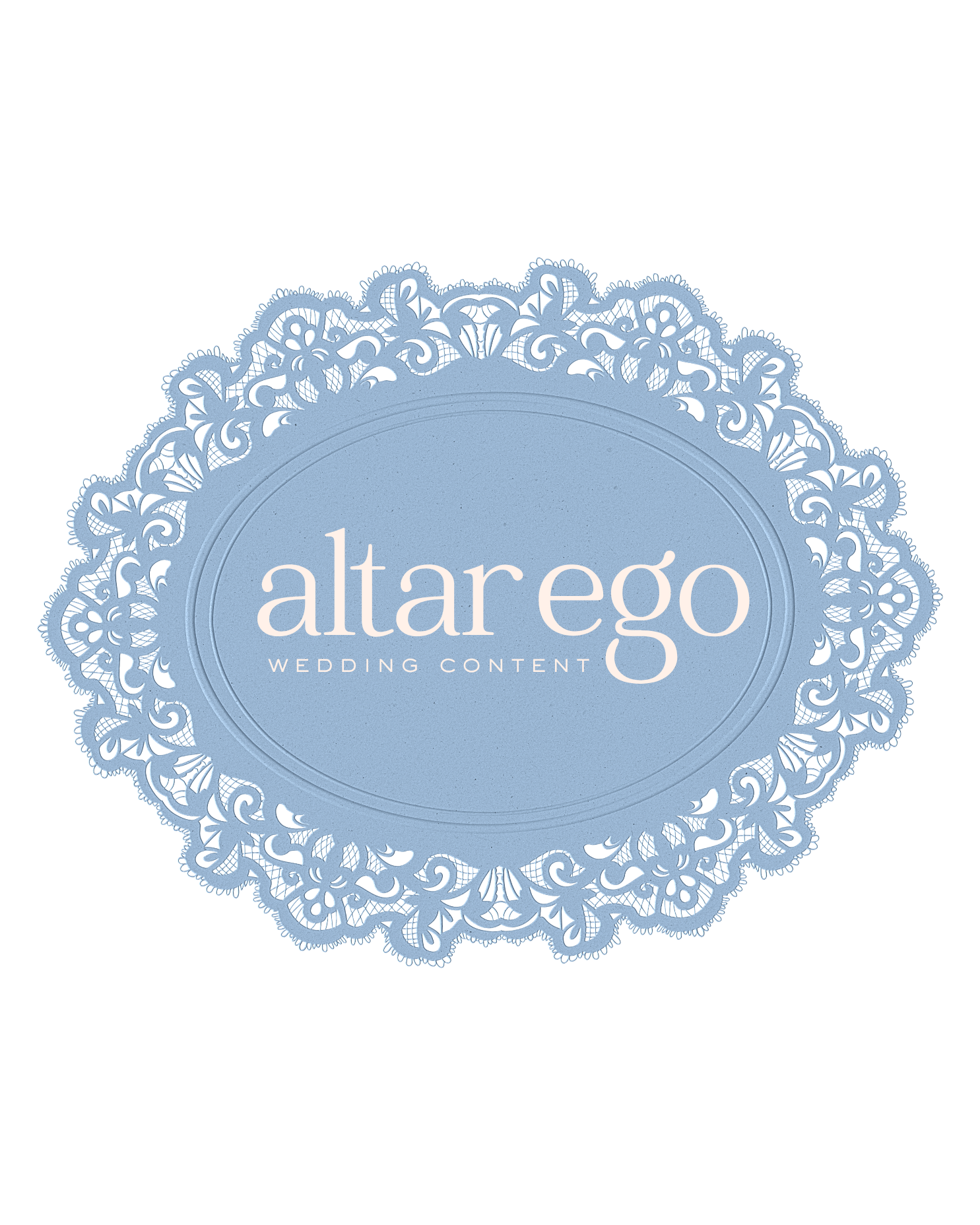 A circular, light blue doily with intricate lace-like patterns surrounds the text 'altarego WEDDING CONTENT' in a stylized font.