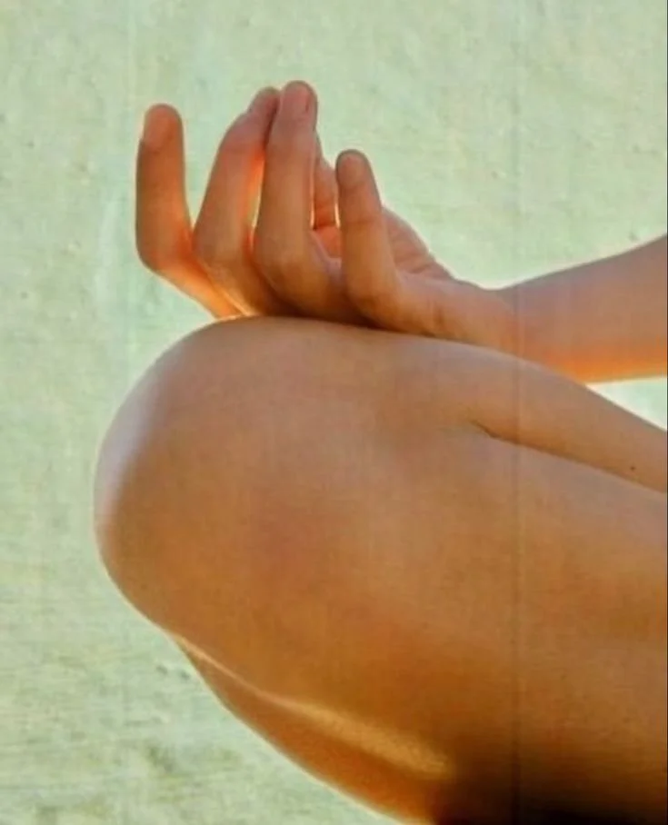 Close-up of a person practicing yoga, sitting with one leg bent and hand in a mudra position against a plain green background.