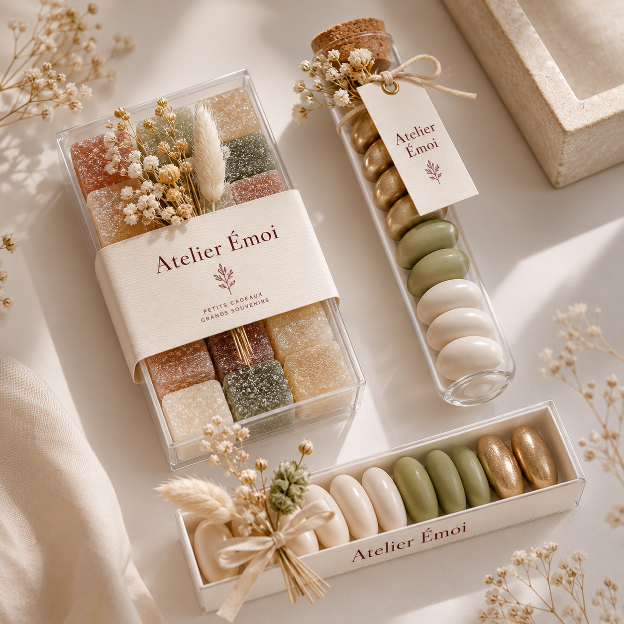 Drie cadeauverpakkingen met snoep en decoratieve bloemen, van Atelier Émoi, op een lichtgekleurde achtergrond.