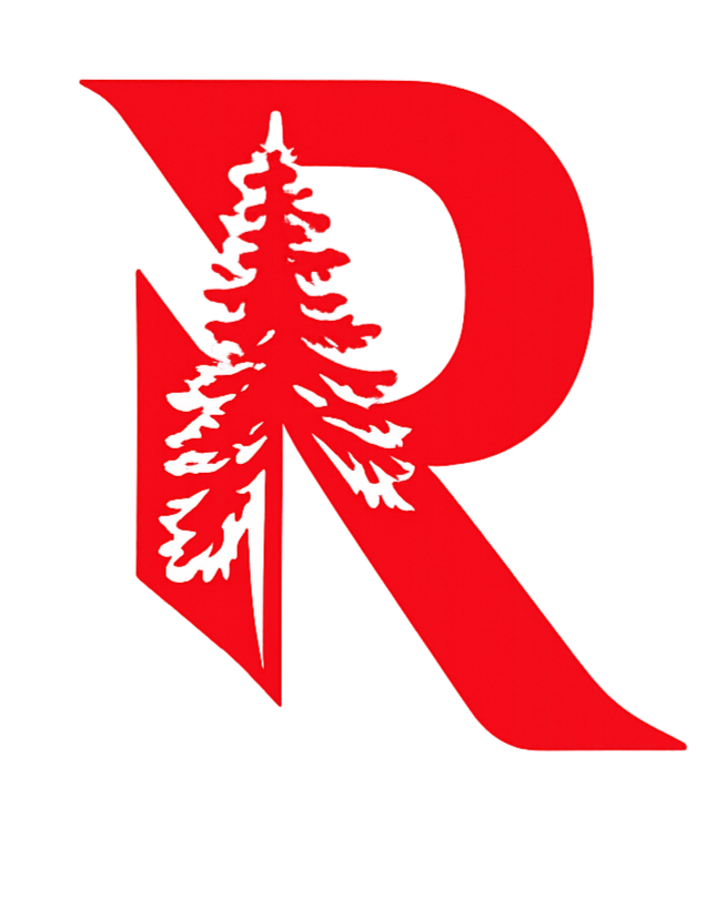 The logo features a large red letter 'R' with a white pine tree integrated into the left side of the letter.