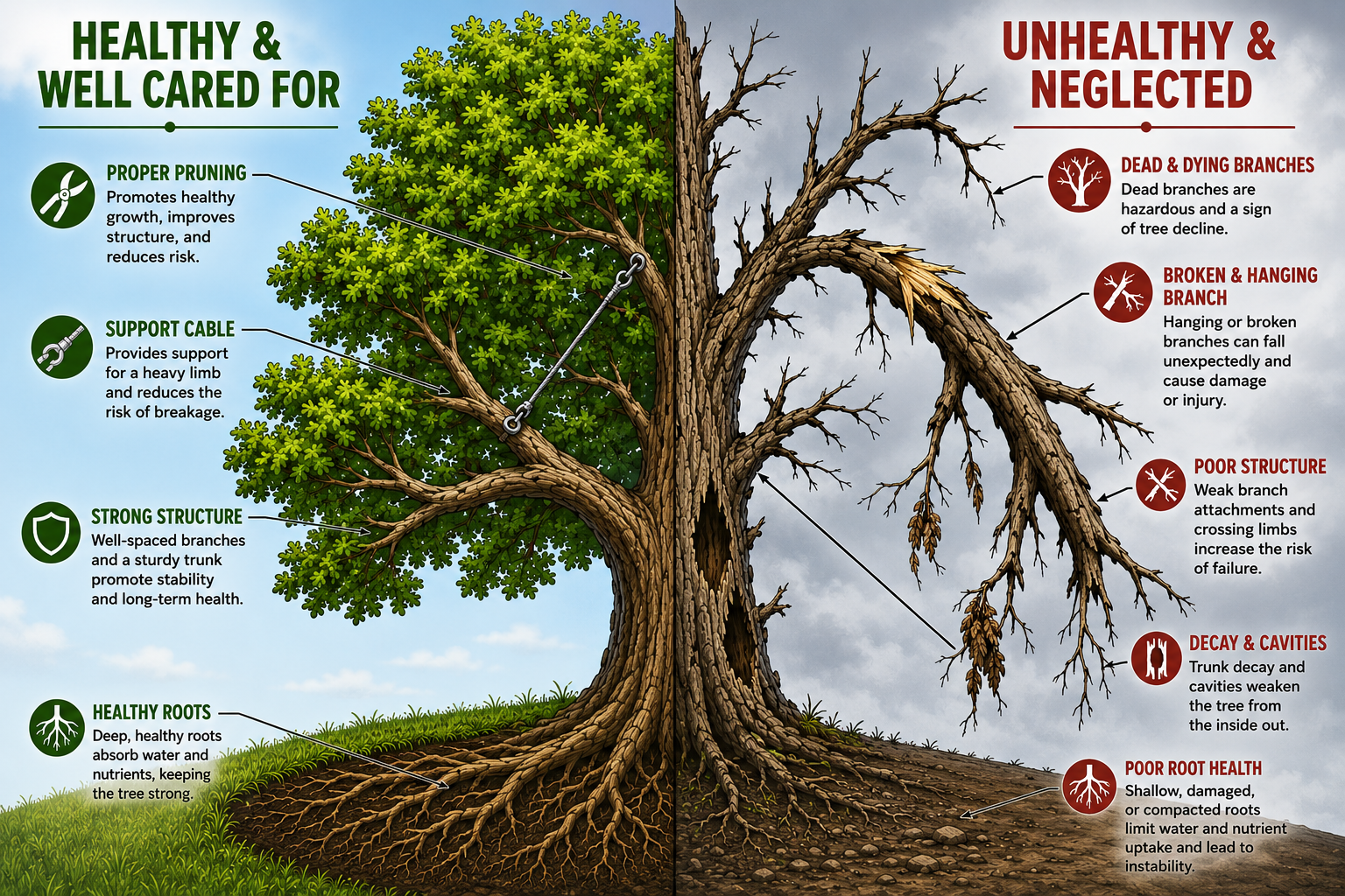 Comparison of healthy and unhealthy tree. The healthy side shows a lush green tree with well-supported, strong branches, deep healthy roots, and well-pruned foliage. The unhealthy side depicts a dead, leafless tree with broken, dangling branches, decayed trunk, and shallow roots, illustrating the effects of neglect.