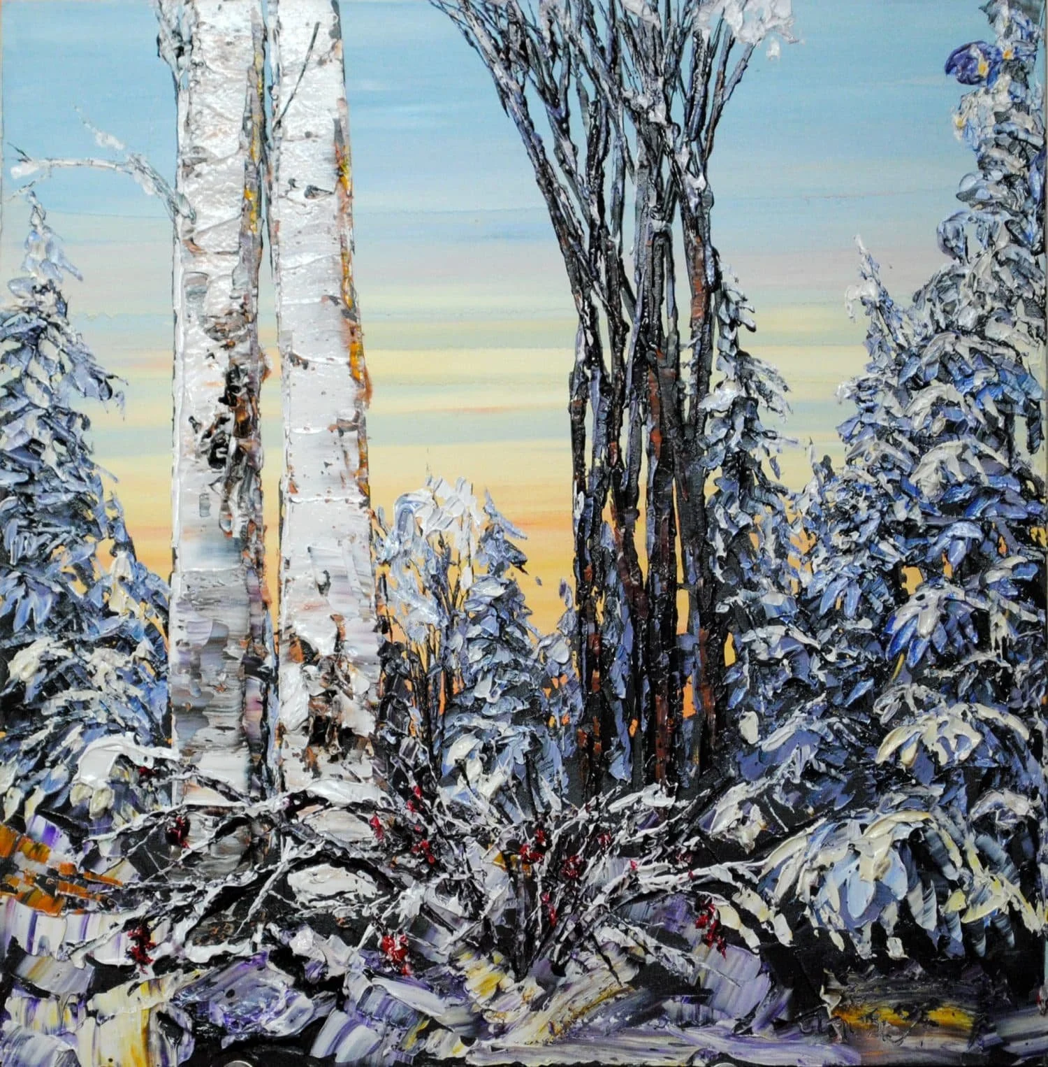 Impressionist painting of a snowy winter landscape featuring tall trees, snow-covered bushes, and a sky with pastel hues at sunset.