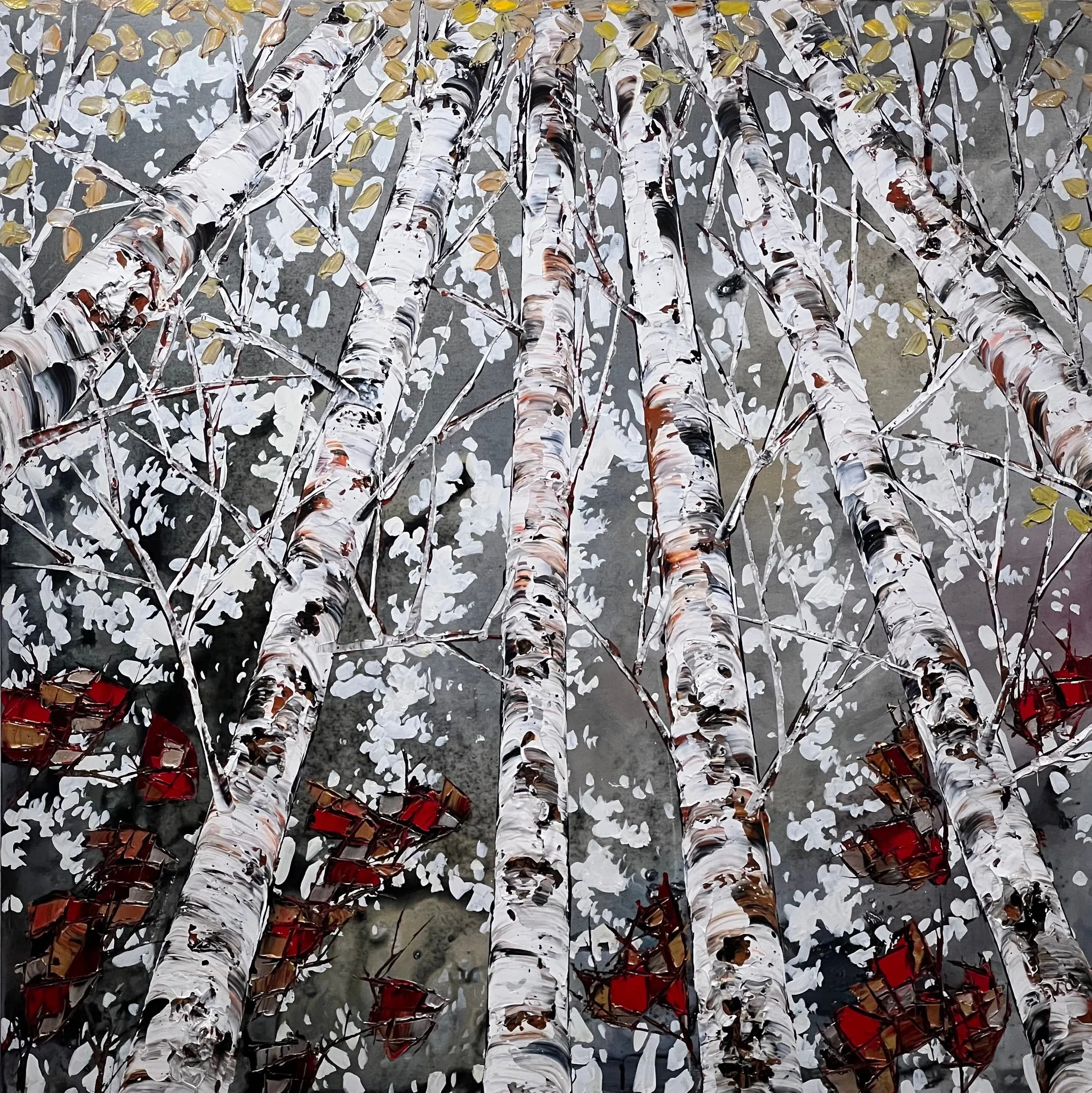 Maya Eventov acrylic palette knife painting looking up through birch tree trunks into a canopy of autumn light against a grey sky