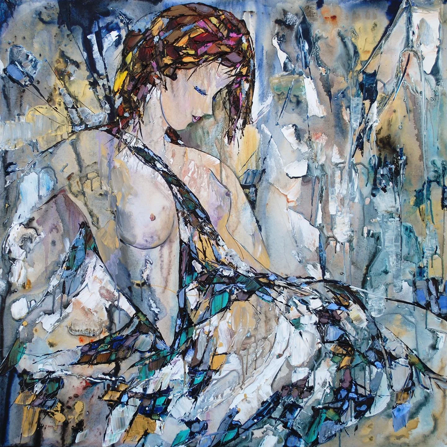 A figurative nude painting by Canadian artist Maya Eventov, rendered in her signature palette knife impasto technique. Soft flesh tones contrast with a richly textured background of blues, golds, and warm neutrals, capturing a quiet, contemplative po