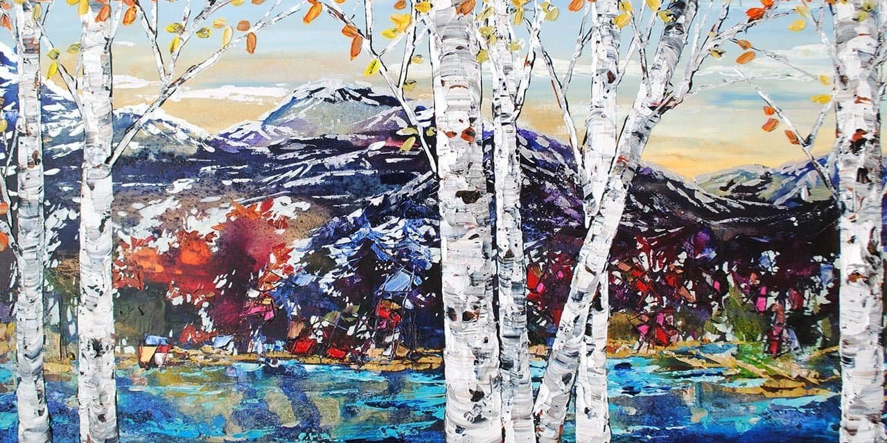 A landscape painting of a mountain scene with snow-capped peaks, a foreground of blue water, and trees with white bark and colorful leaves.