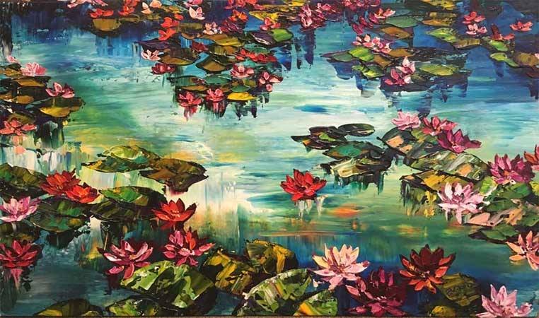A richly textured palette knife impasto painting by Canadian artist Maya Eventov, depicting a tranquil water lily pond surrounded by vibrant pink blossoms and songbirds. Thick, sculptural layers of acrylic paint capture the interplay of light on wate