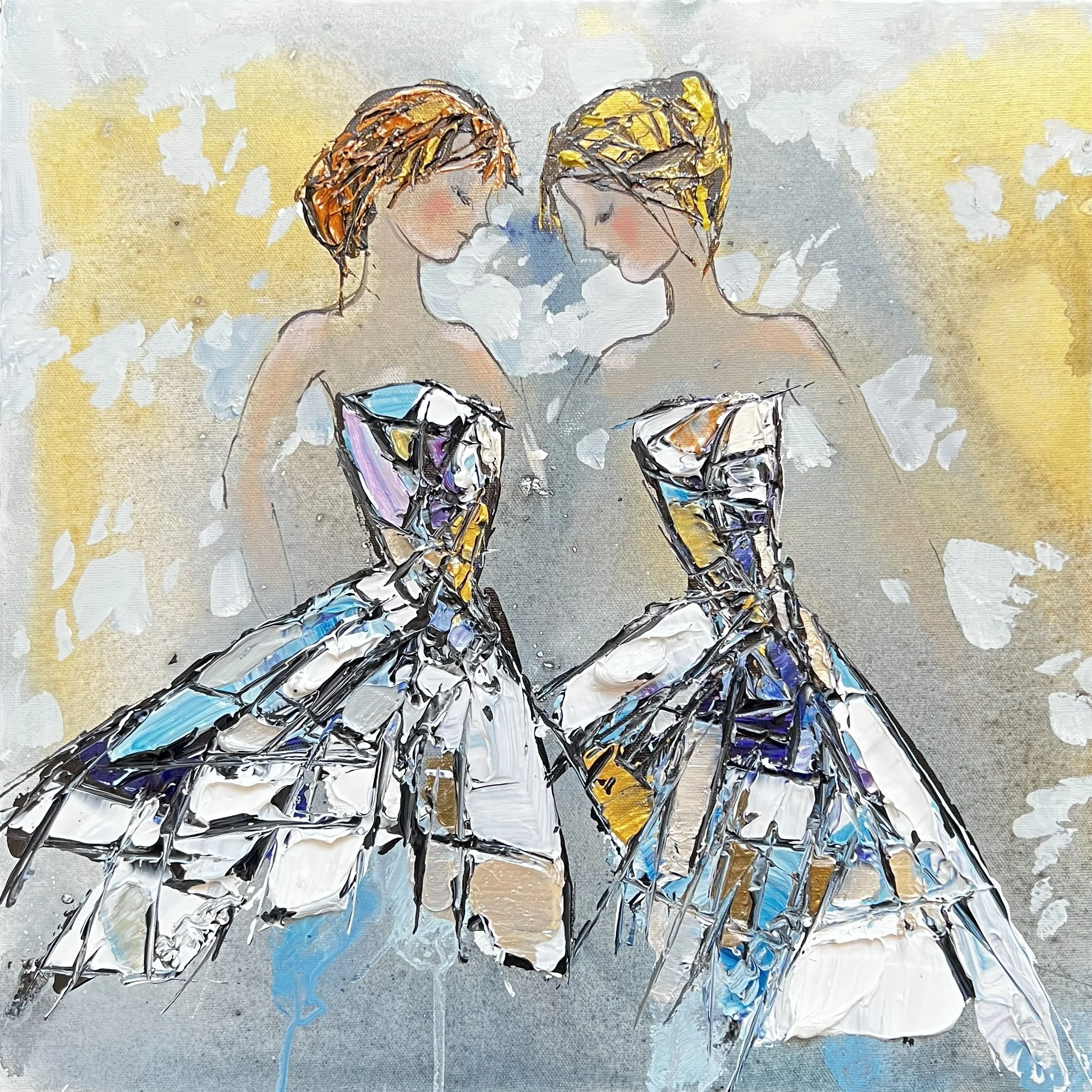 Abstract watercolor painting of two Siamese cats with pointed ears, sitting face to face and looking at each other. The background has soft yellow and gray splashes.