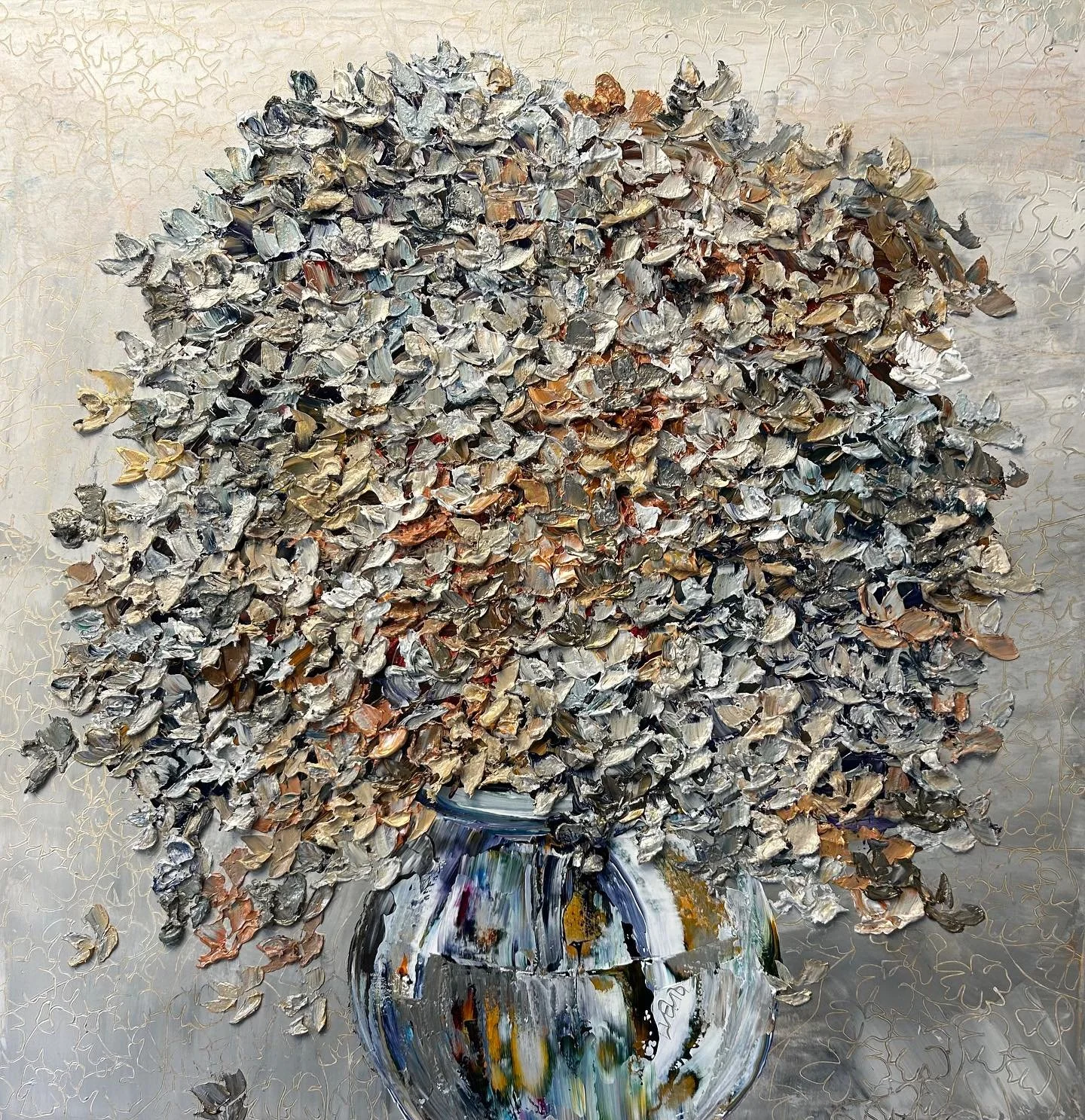 Oil painting of a bouquet of flowers in a vase, with thick brushstrokes and a textured surface.