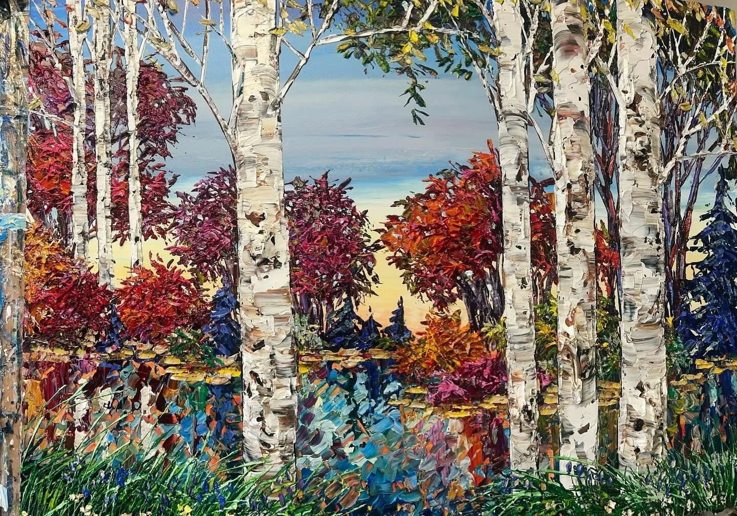Maya Eventov impasto painting of birch trees along a lake shore, with vivid red and orange autumn foliage reflected in the water